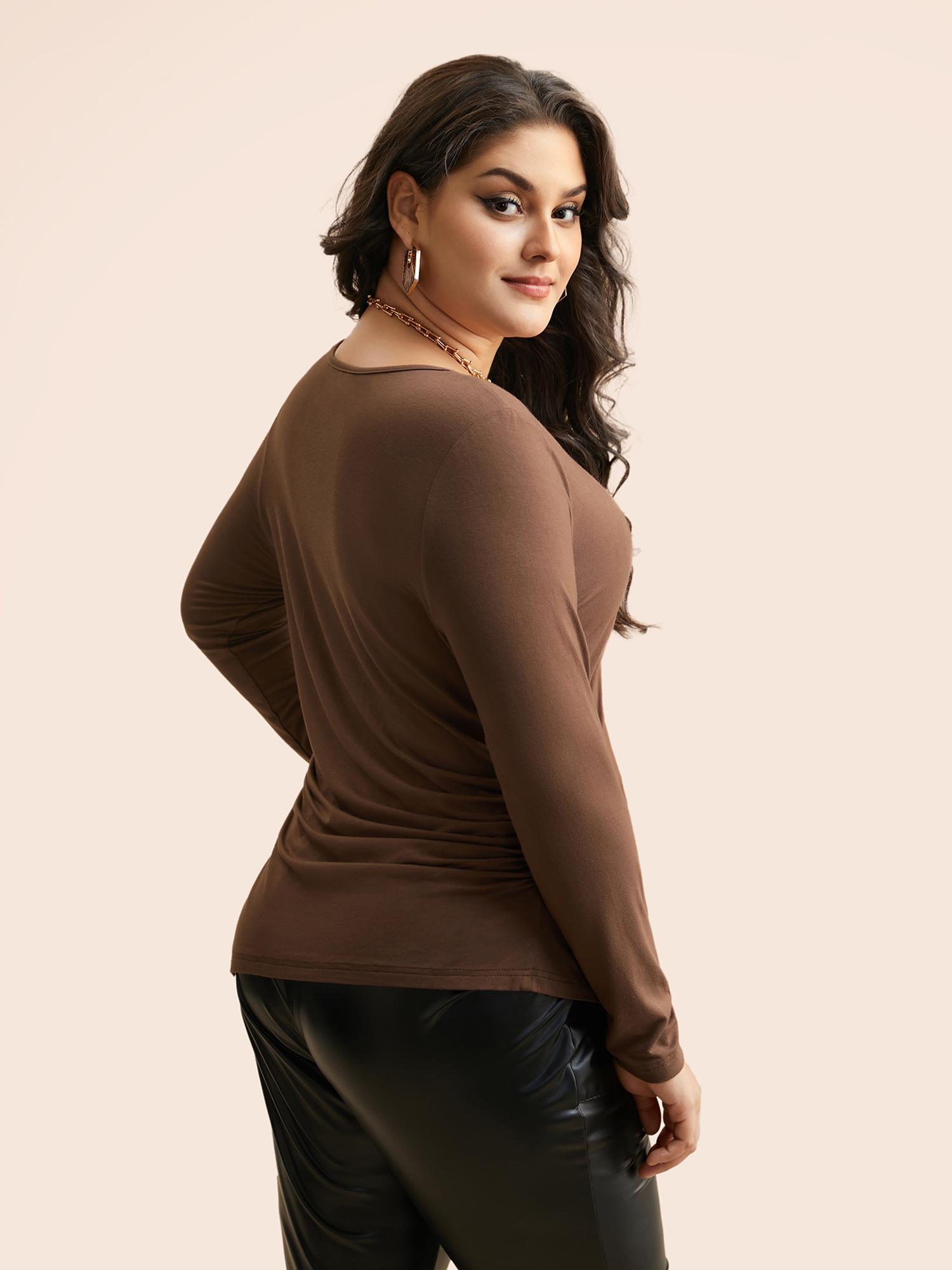 Plus Size V Neck Gathered Asymmetrical Hem T-shirt Browncoffeecolor Women Elegant Gathered V-neck Skinny Everyday T-shirts BloomChic 30/6X 