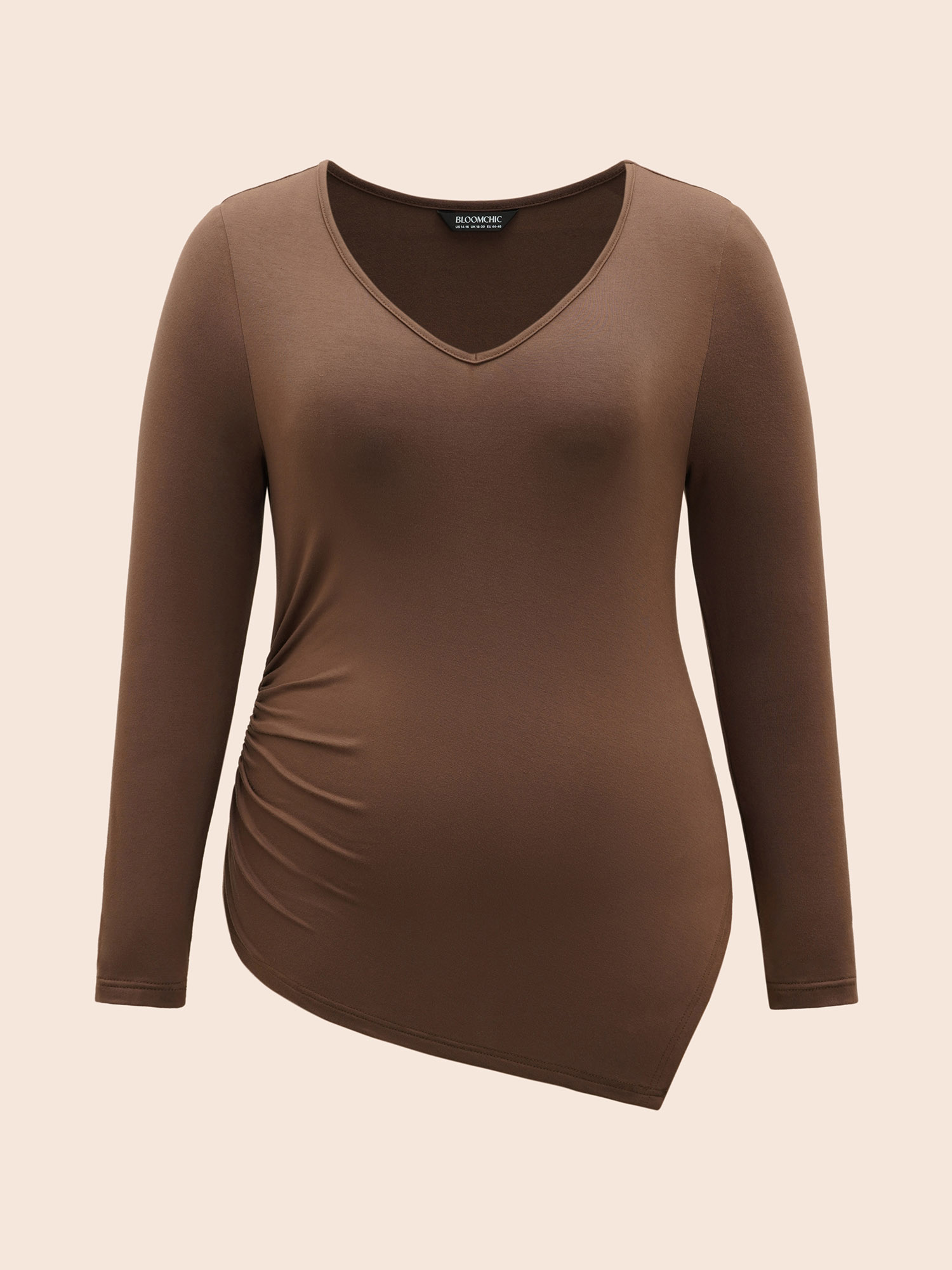 Plus Size V Neck Gathered Asymmetrical Hem T-shirt Browncoffeecolor Women Elegant Gathered V-neck Skinny Everyday T-shirts BloomChic 30/6X 