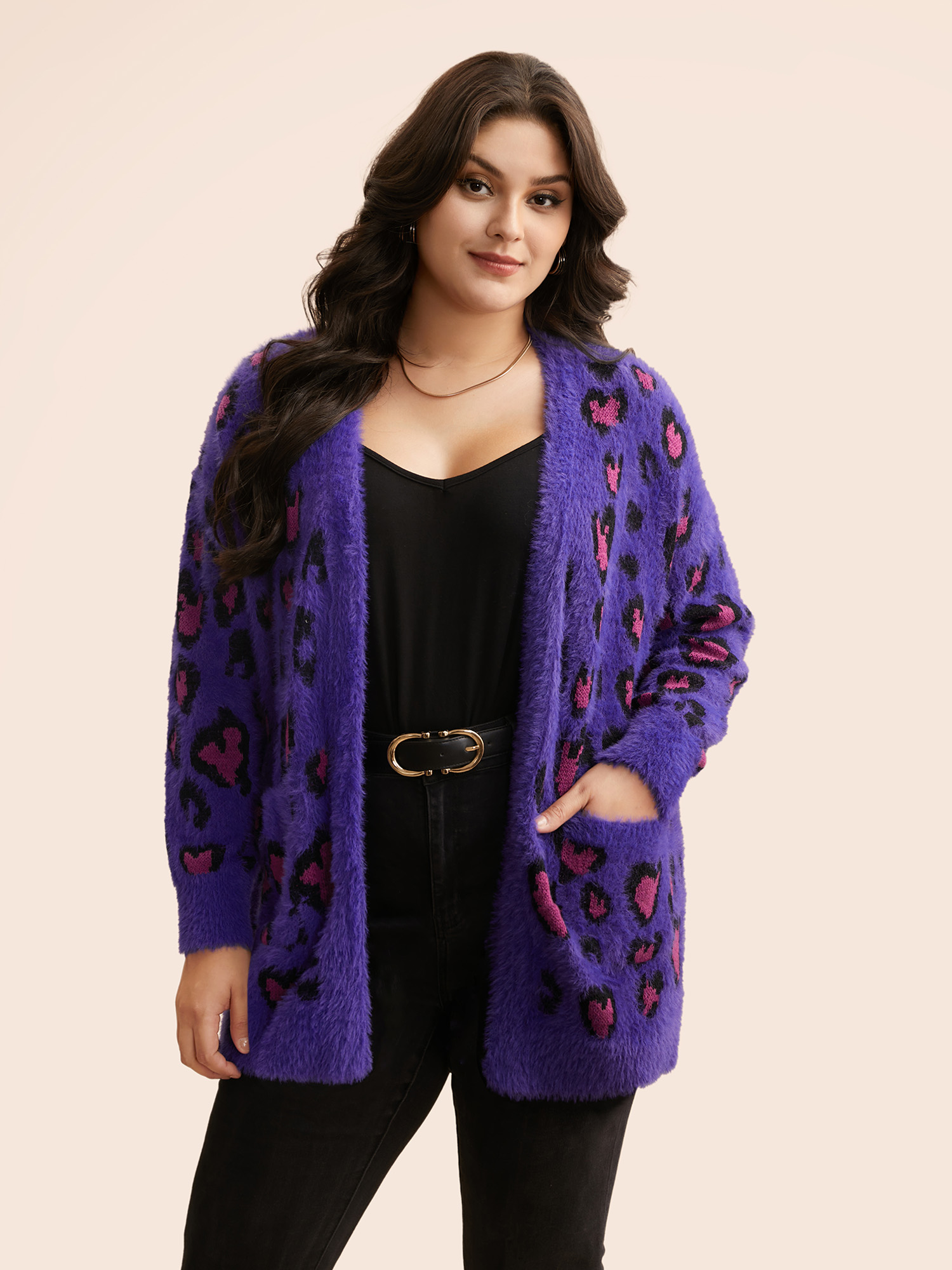 

Plus Size Leopard Print Fluffy Patch Pocket Cardigan Deeppurple Women Casual Loose Long Sleeve Everyday Cardigans BloomChic