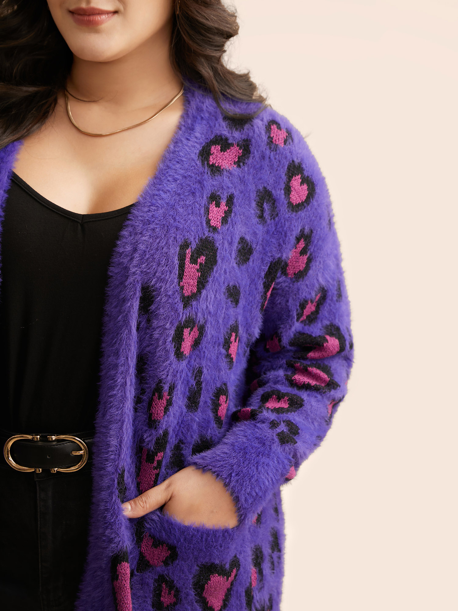 

Plus Size Leopard Print Fluffy Patch Pocket Cardigan Deeppurple Women Casual Loose Long Sleeve Everyday Cardigans BloomChic