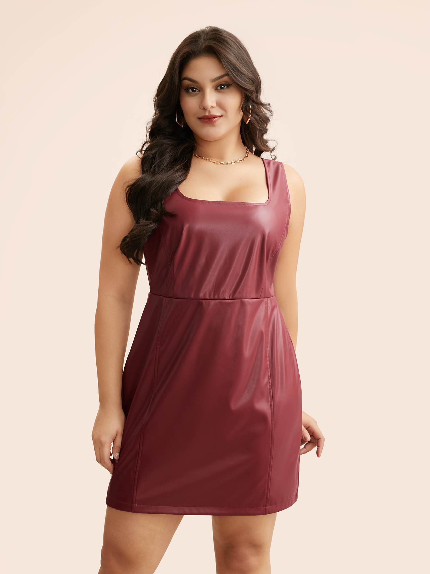 

Plus Size Solid PU Leather Bodycon Dress Burgundy Women Elegant Non Square Neck Sleeveless Curvy BloomChic