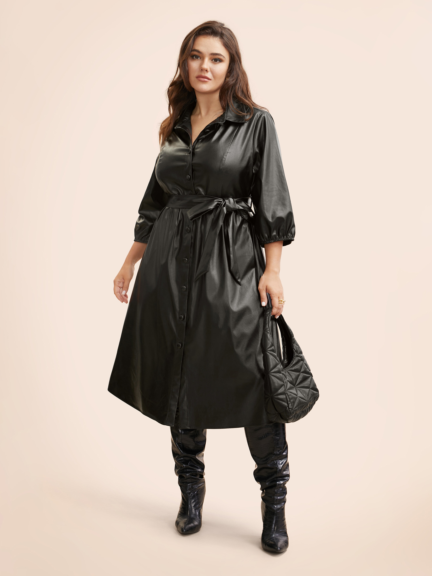 

Plus Size Shirt Collar PU Leather Belted Dress Black Women Elegant Belted Shirt collar Elbow-length sleeve Curvy BloomChic