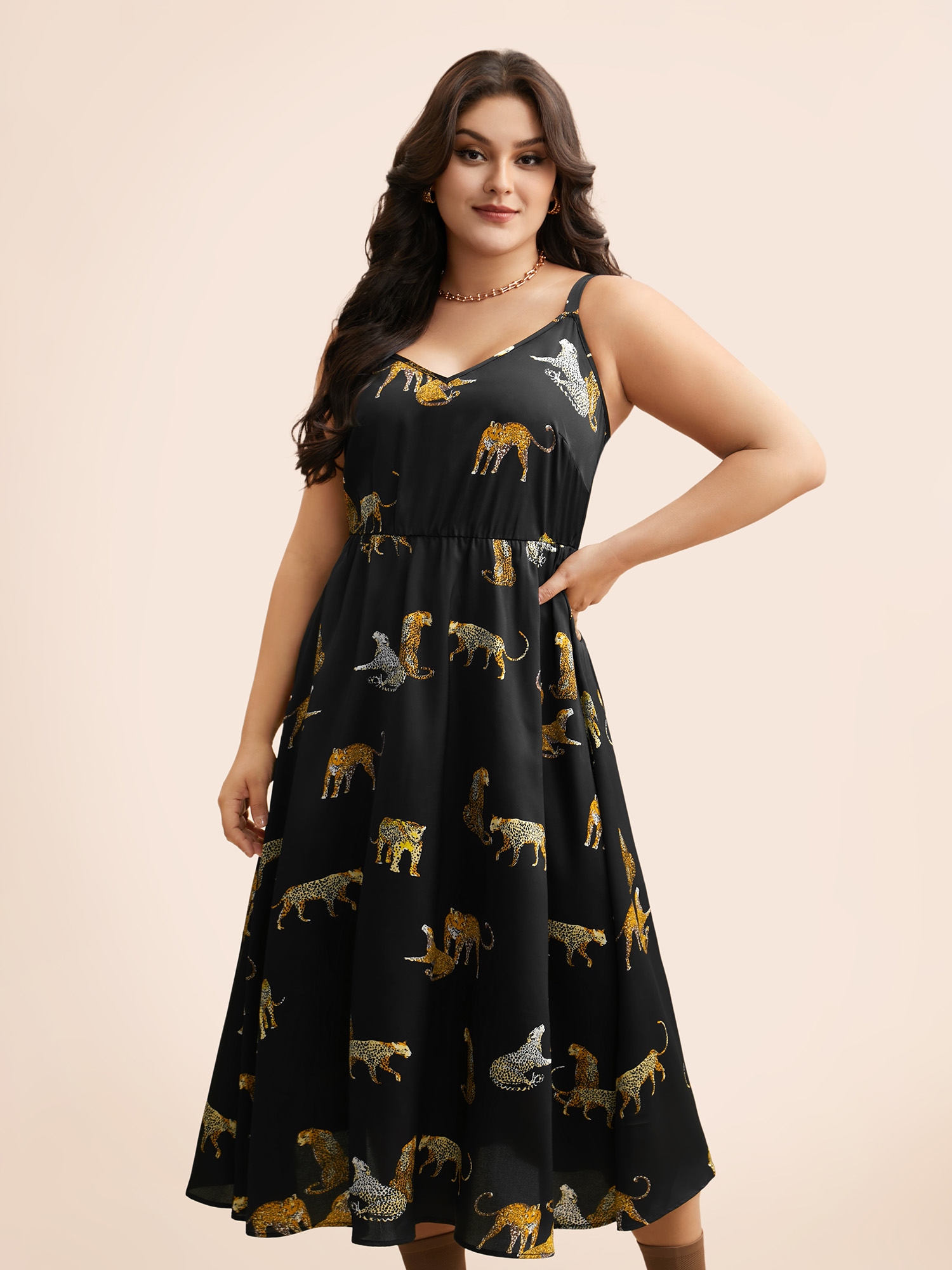 Plus Size Animal Print Elastic Waist Cami Dress Black Women Elegant Non V-neck Sleeveless Curvy BloomChic 10/M 