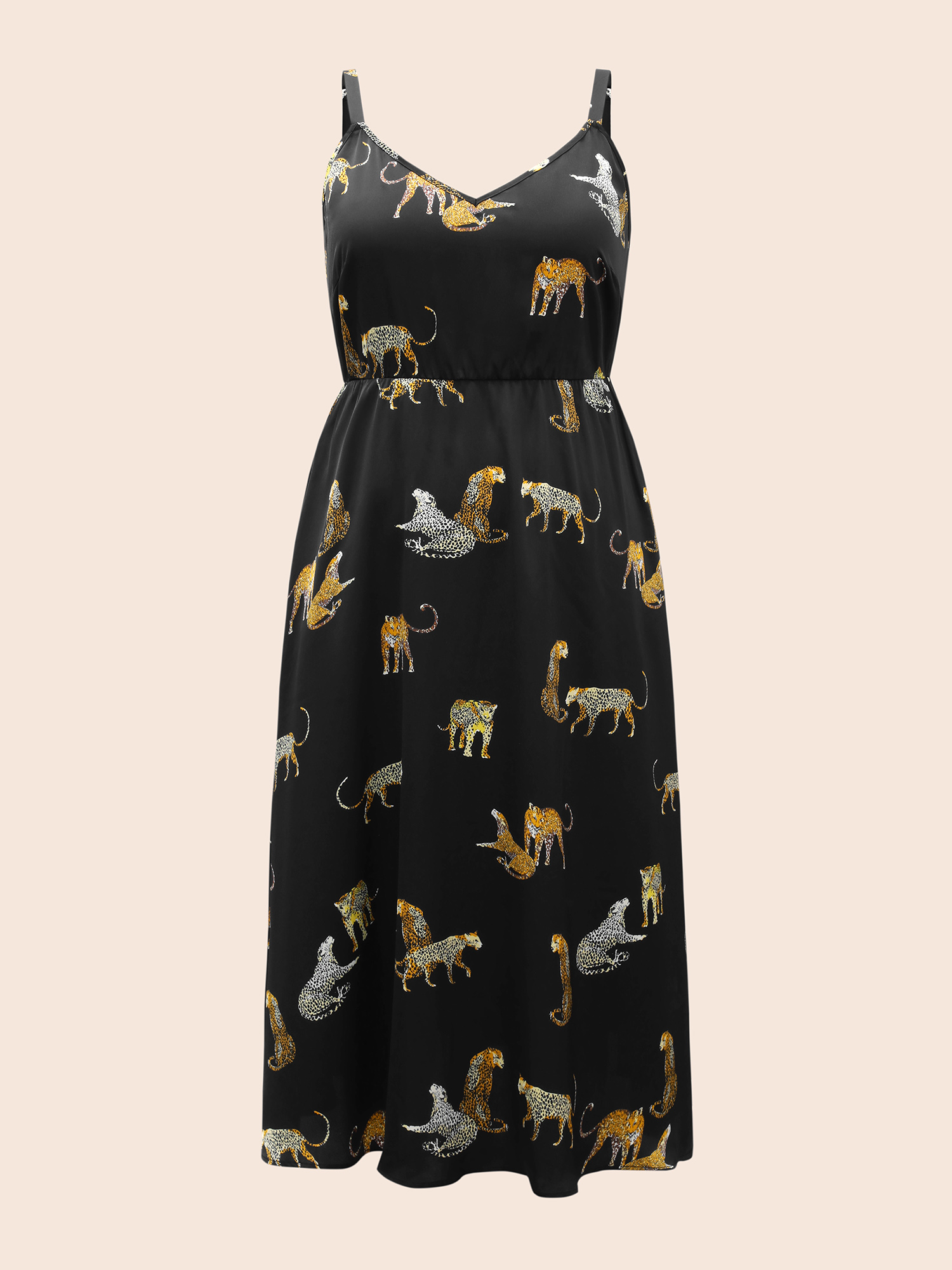 Plus Size Animal Print Elastic Waist Cami Dress Black Women Elegant Non V-neck Sleeveless Curvy BloomChic 10/M 