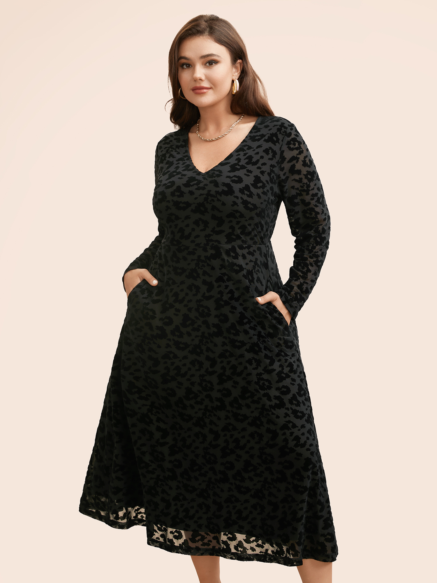 

Plus Size V Neck Flocking Mesh Midi Dress Black Women Elegant Texture V-neck Long Sleeve Curvy BloomChic