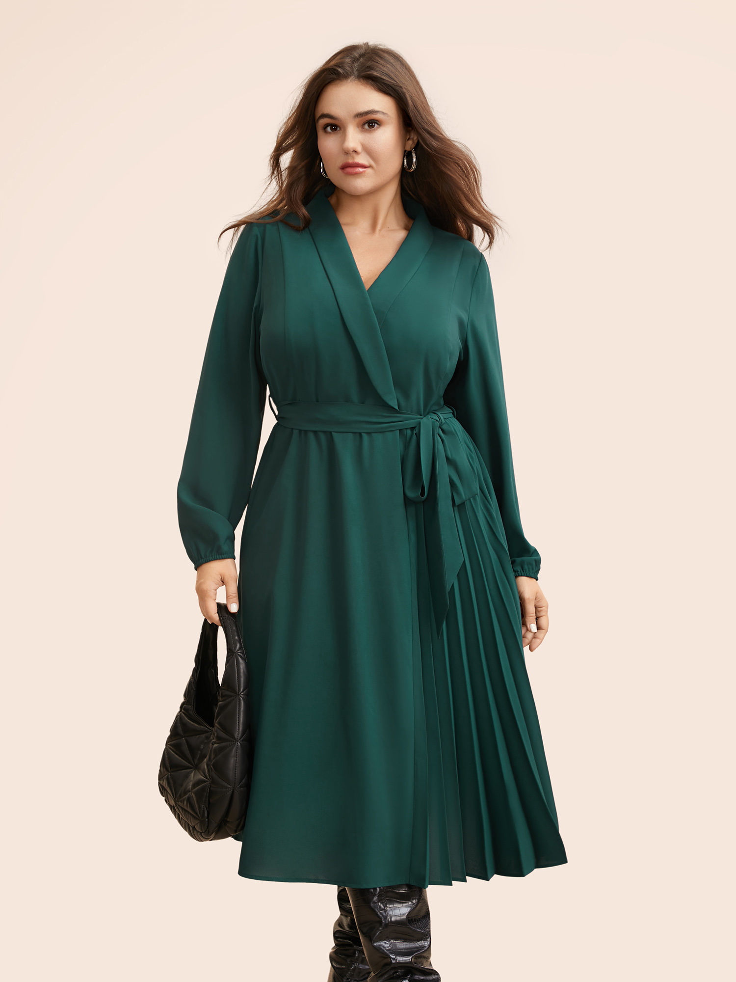 

Plus Size Suit Collar Pleated Belted Midi Dress DarkGreen Women At the Office Belted Suit Collar Long Sleeve Curvy BloomChic