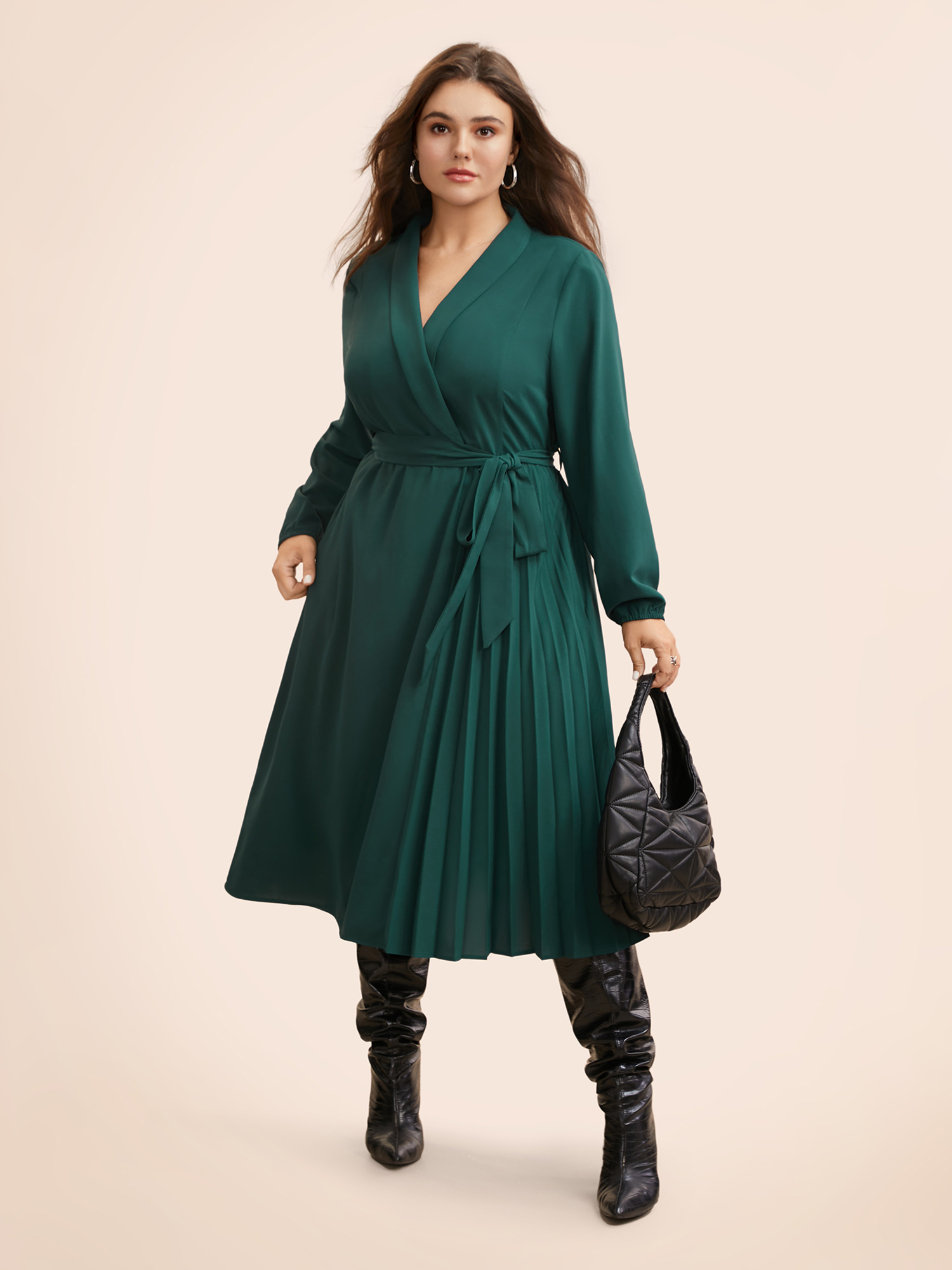 

Plus Size Suit Collar Pleated Belted Midi Dress DarkGreen Women At the Office Belted Suit Collar Long Sleeve Curvy BloomChic