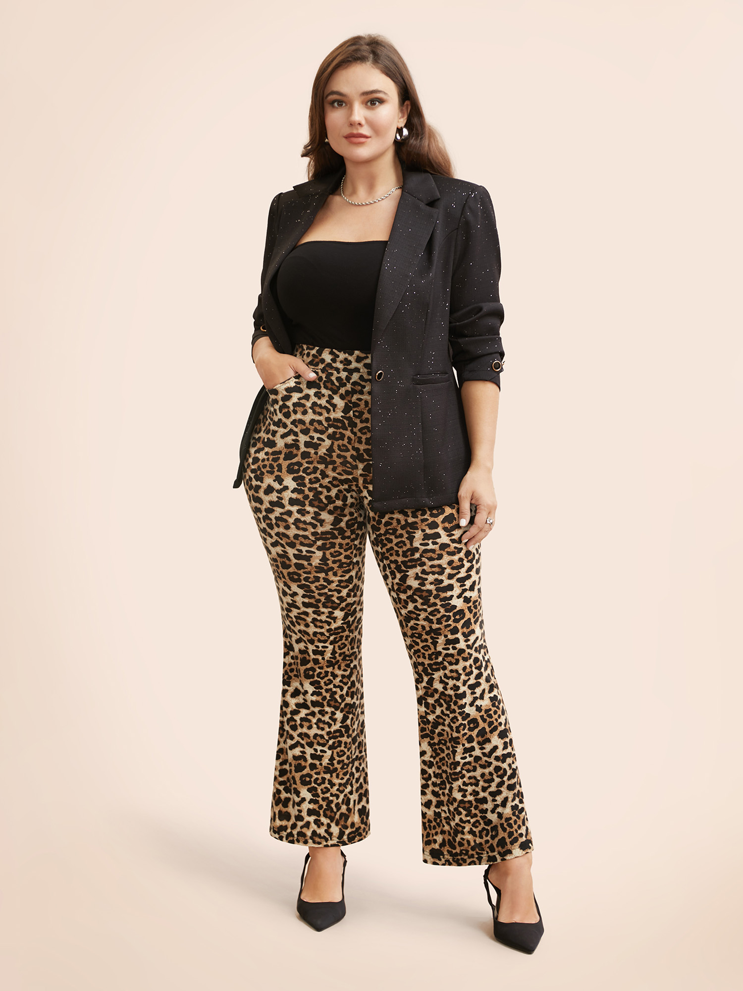 Plus Size Leopard Print Pocket Bootcut Leggings Women Leopard Casual High stretch Bootcut Mid Rise Everyday Leggings BloomChic 18-20/2X 