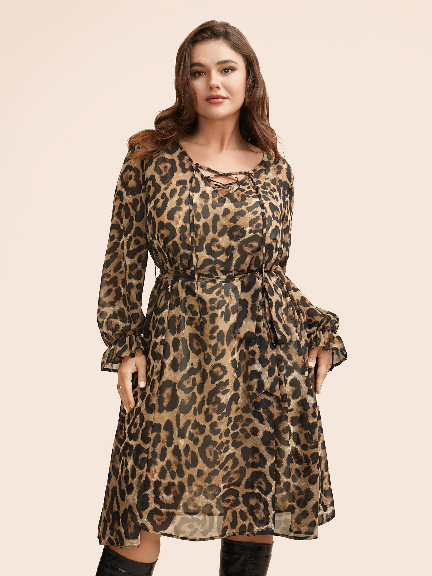 

Plus Size Leopard Print Lace Up Lantern Sleeve Dress Leopard Women Elegant Wraparound straps V-neck Long Sleeve Curvy BloomChic