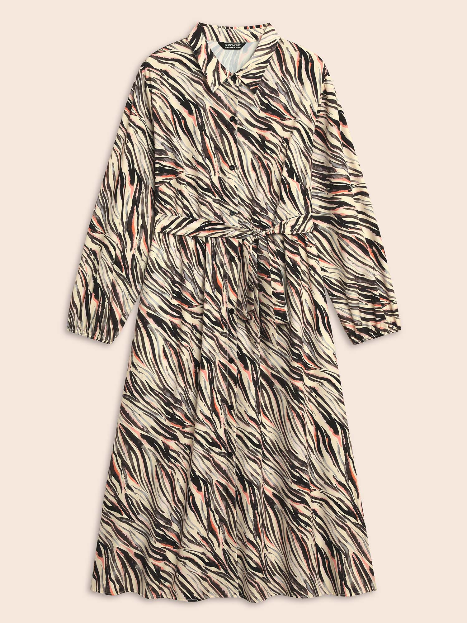 Plus Size Zebra Print Shirt Collar Belted Dress Multicolor Women Elegant Belted Shirt collar Long Sleeve Curvy BloomChic 26/4X 