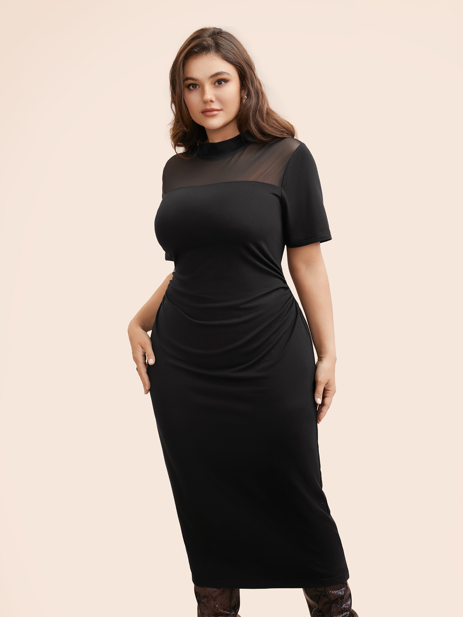 

Plus Size Mock Neck Patchwork Mesh Bodycon Dress Black Women Elegant Texture Mock Neck Short sleeve Curvy BloomChic