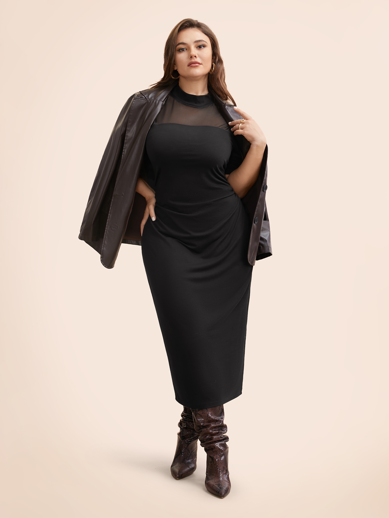 

Plus Size Mock Neck Patchwork Mesh Bodycon Dress Black Women Elegant Texture Mock Neck Short sleeve Curvy BloomChic