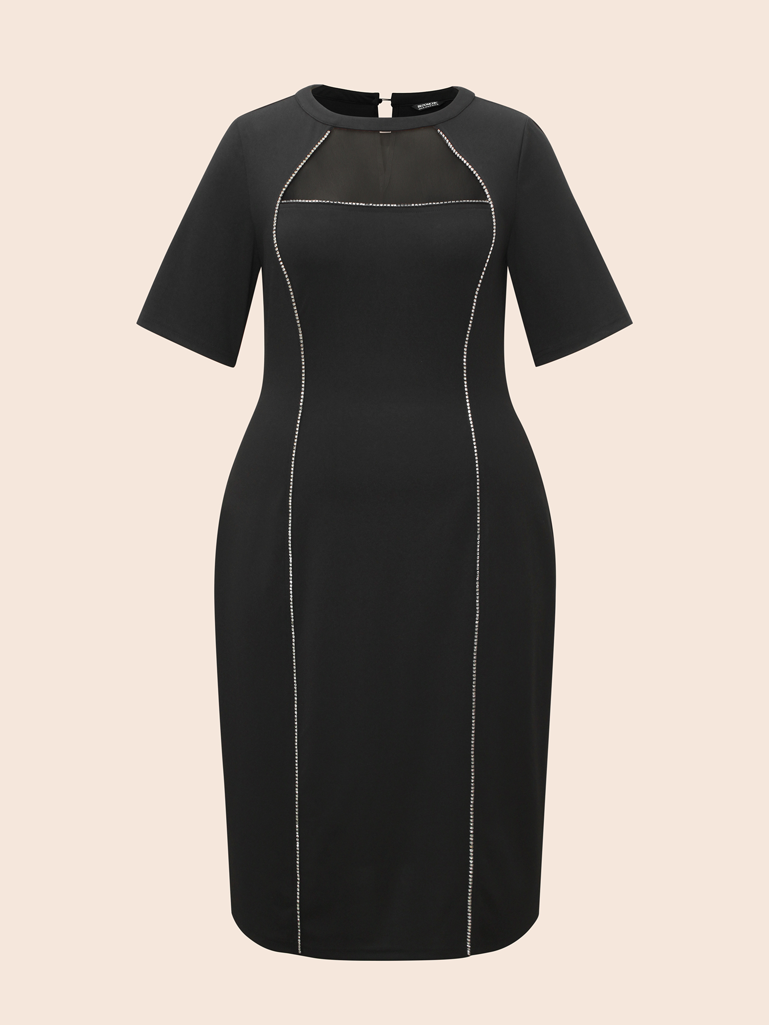 

Plus Size Crew Neck Rhinestone Patchwork Mesh Dress Black Women Cocktail Rhinestone detailing Party Curvy Bloomchic