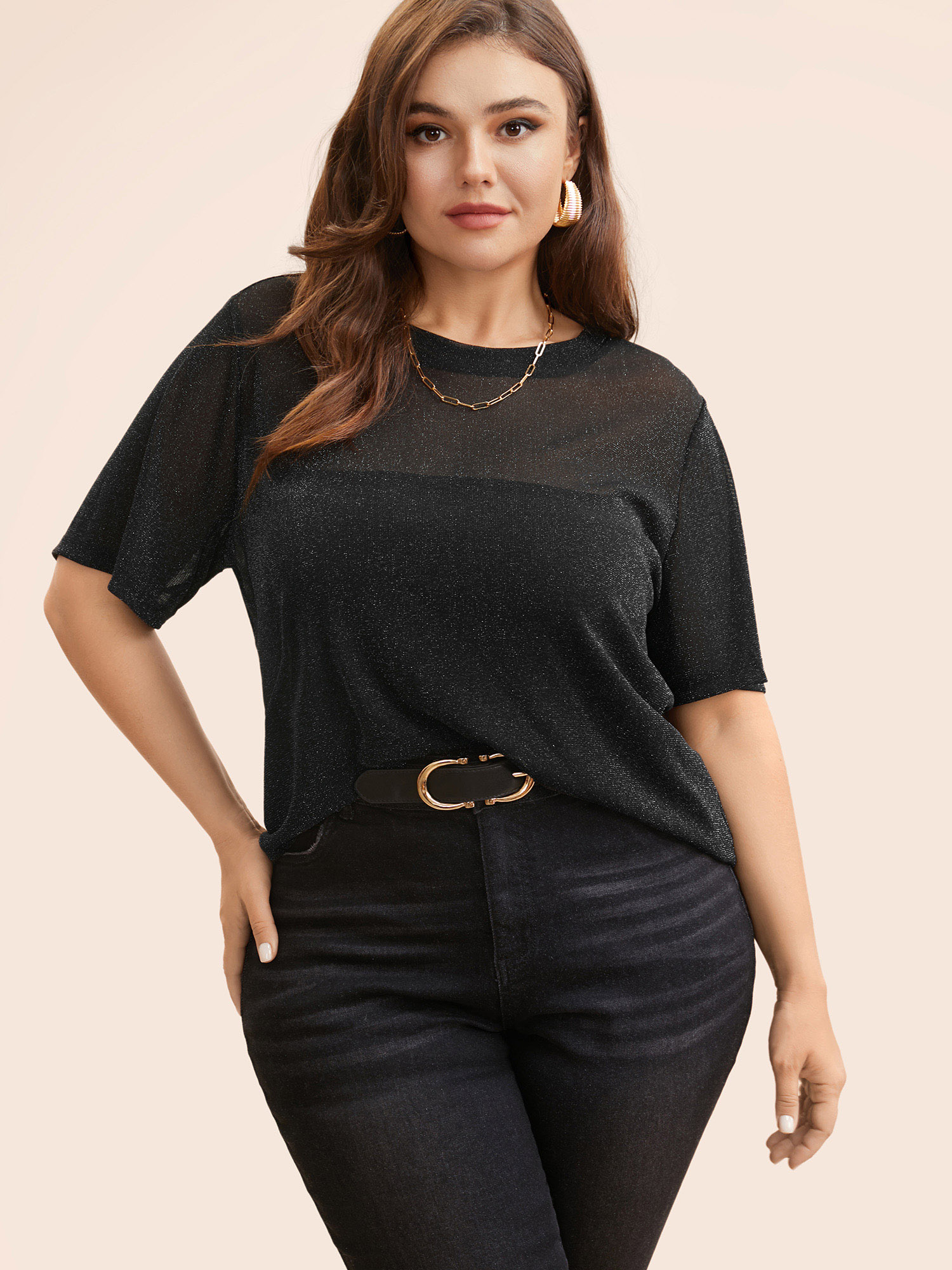 

Plus Size Round Neck Luxe Mesh T-shirt Black Women Elegant See through Round Neck Everyday T-shirts BloomChic