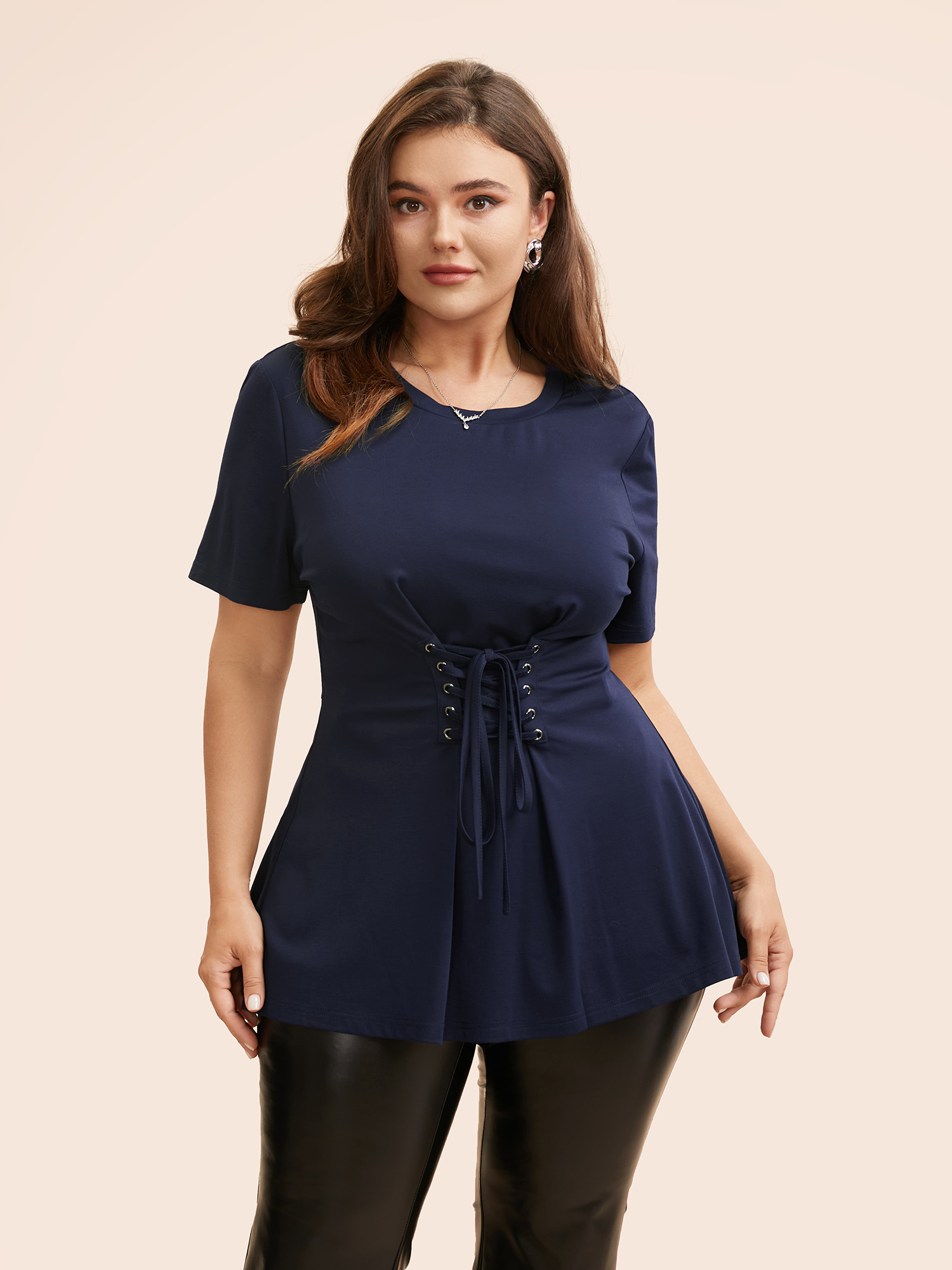 

Plus Size Plain Cross Straps High Stretch T-shirt Midnight Round Neck Short sleeve Elegant Jersey Tops