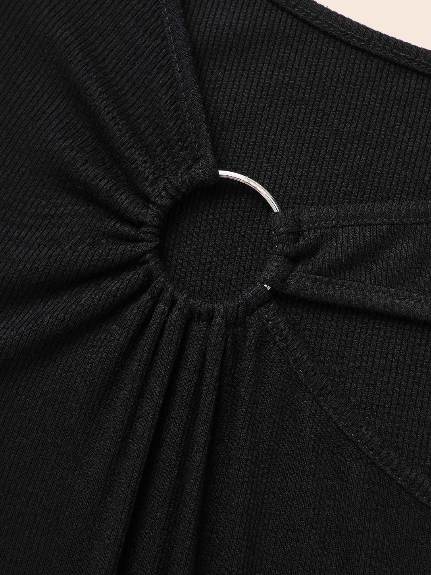Plus Size Rib Knit Asymmetrical Neck Cut Out T-shirt Black Women Elegant Texture Asymmetrical Neck Skinny Everyday T-shirts BloomChic 28/5X 