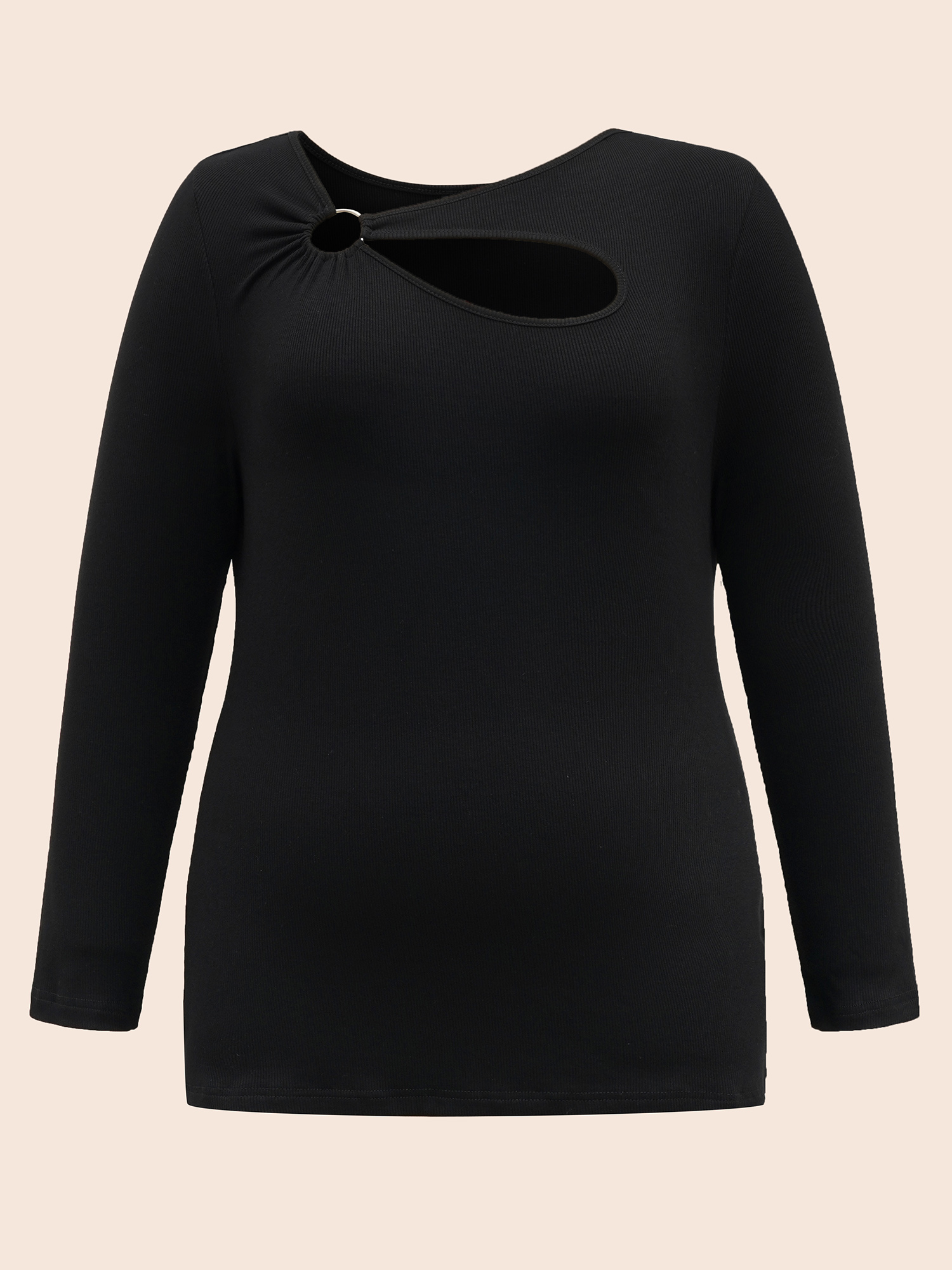 Plus Size Rib Knit Asymmetrical Neck Cut Out T-shirt Black Women Elegant Texture Asymmetrical Neck Skinny Everyday T-shirts BloomChic 28/5X 