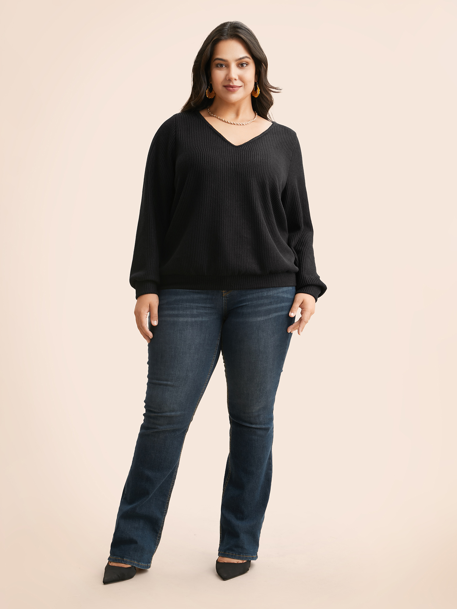 Plus Size Textured Contrast Tie Knot Sweatshirt Women Black Elegant Tie knot V-neck Everyday Sweatshirts BloomChic 18-20/2X 