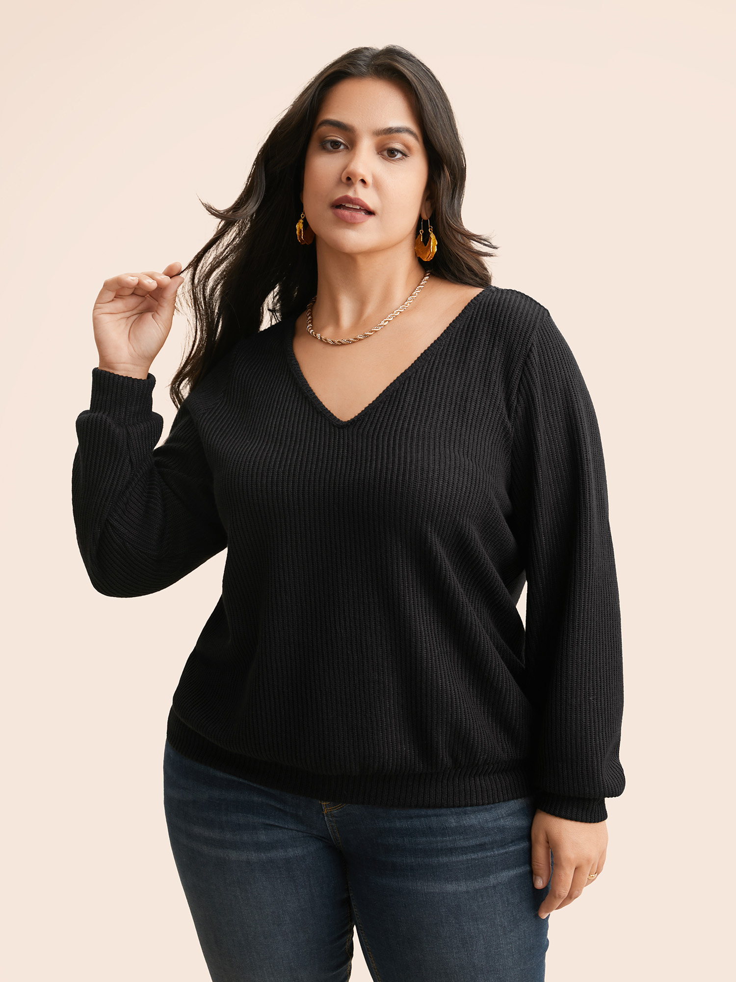 Plus Size Textured Contrast Tie Knot Sweatshirt Women Black Elegant Tie knot V-neck Everyday Sweatshirts BloomChic 18-20/2X 