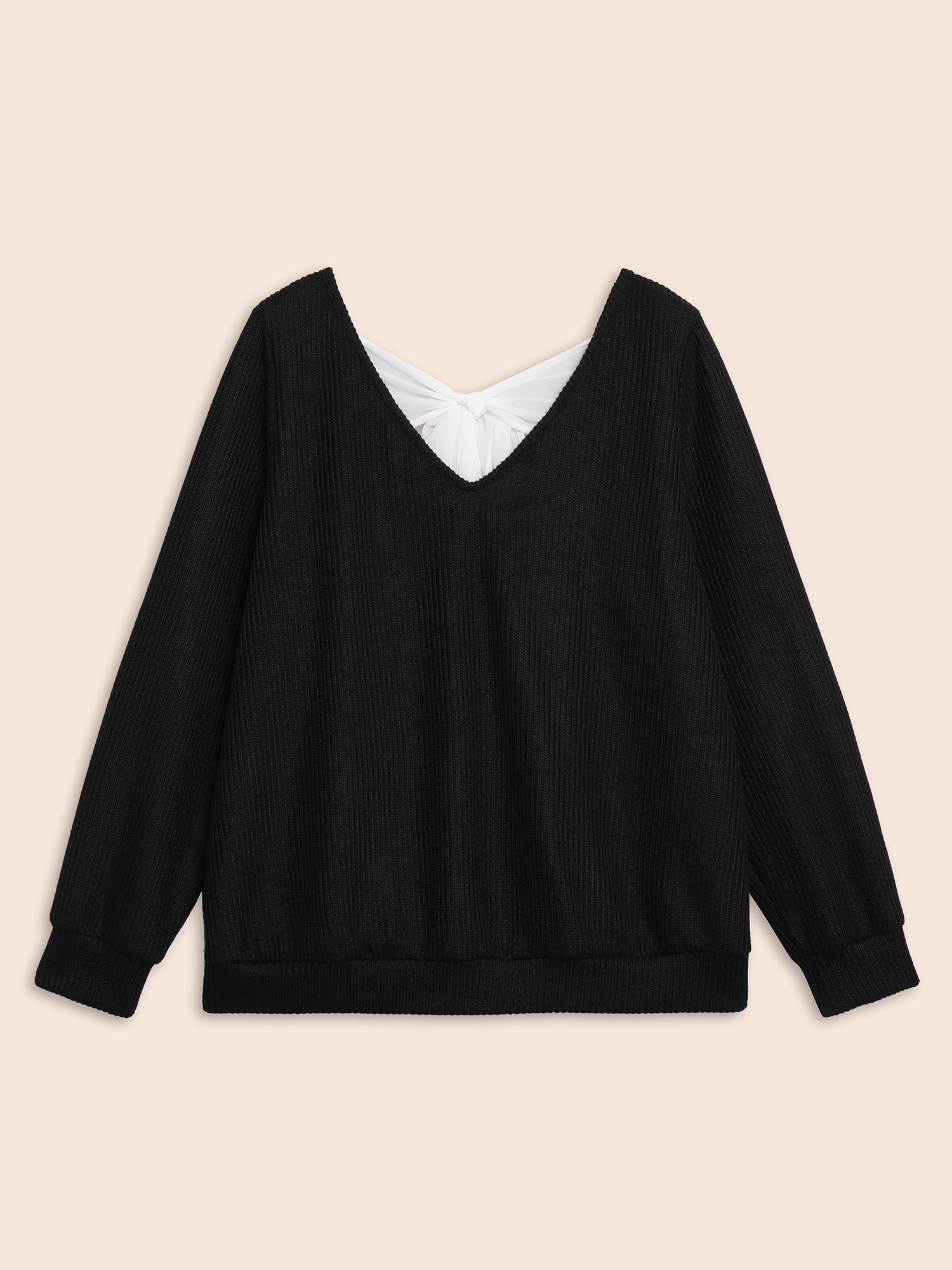 Plus Size Textured Contrast Tie Knot Sweatshirt Women Black Elegant Tie knot V-neck Everyday Sweatshirts BloomChic 18-20/2X 