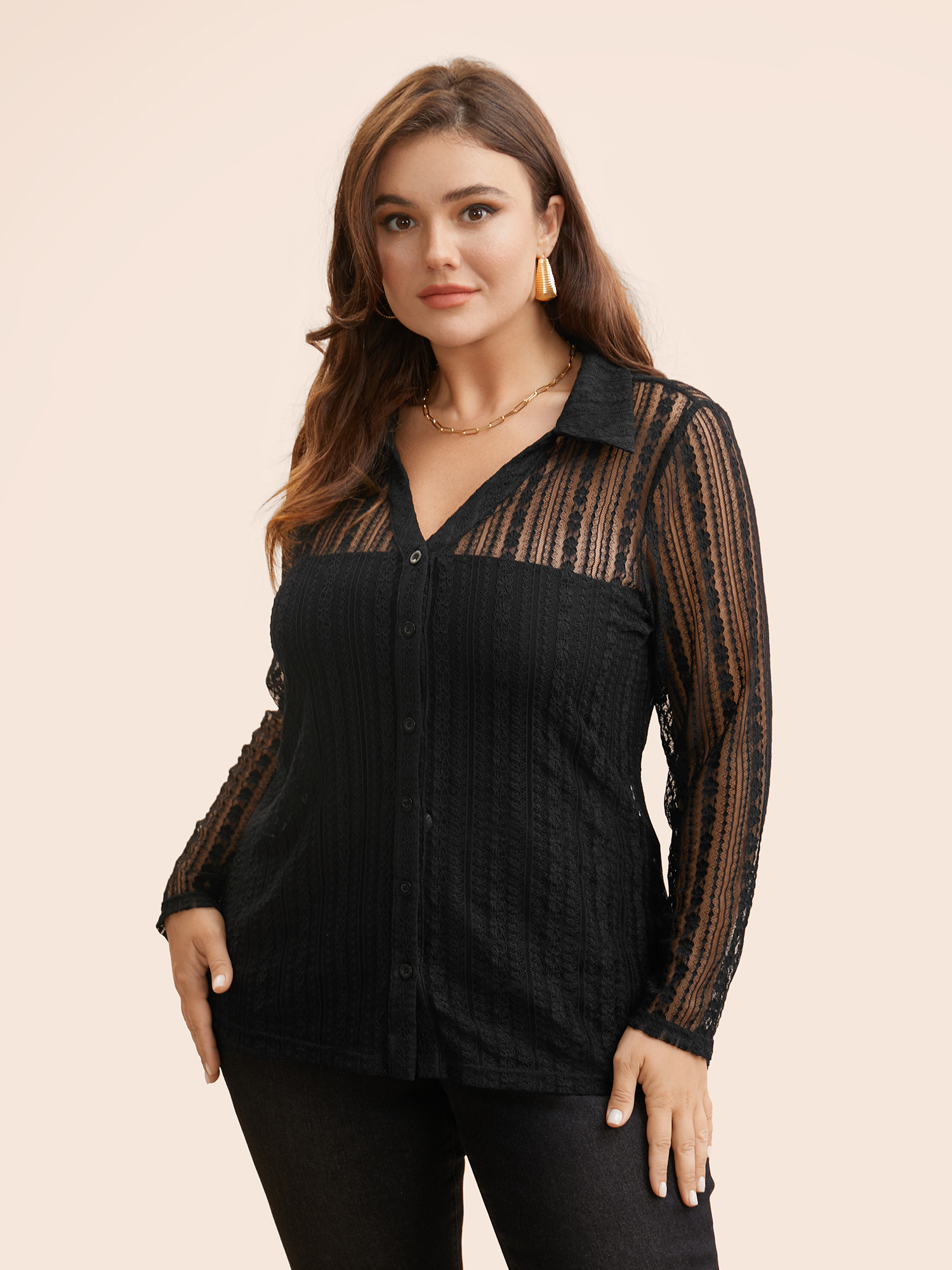 

Shirt Collar Crochet Lace Mesh T-shirt, Black