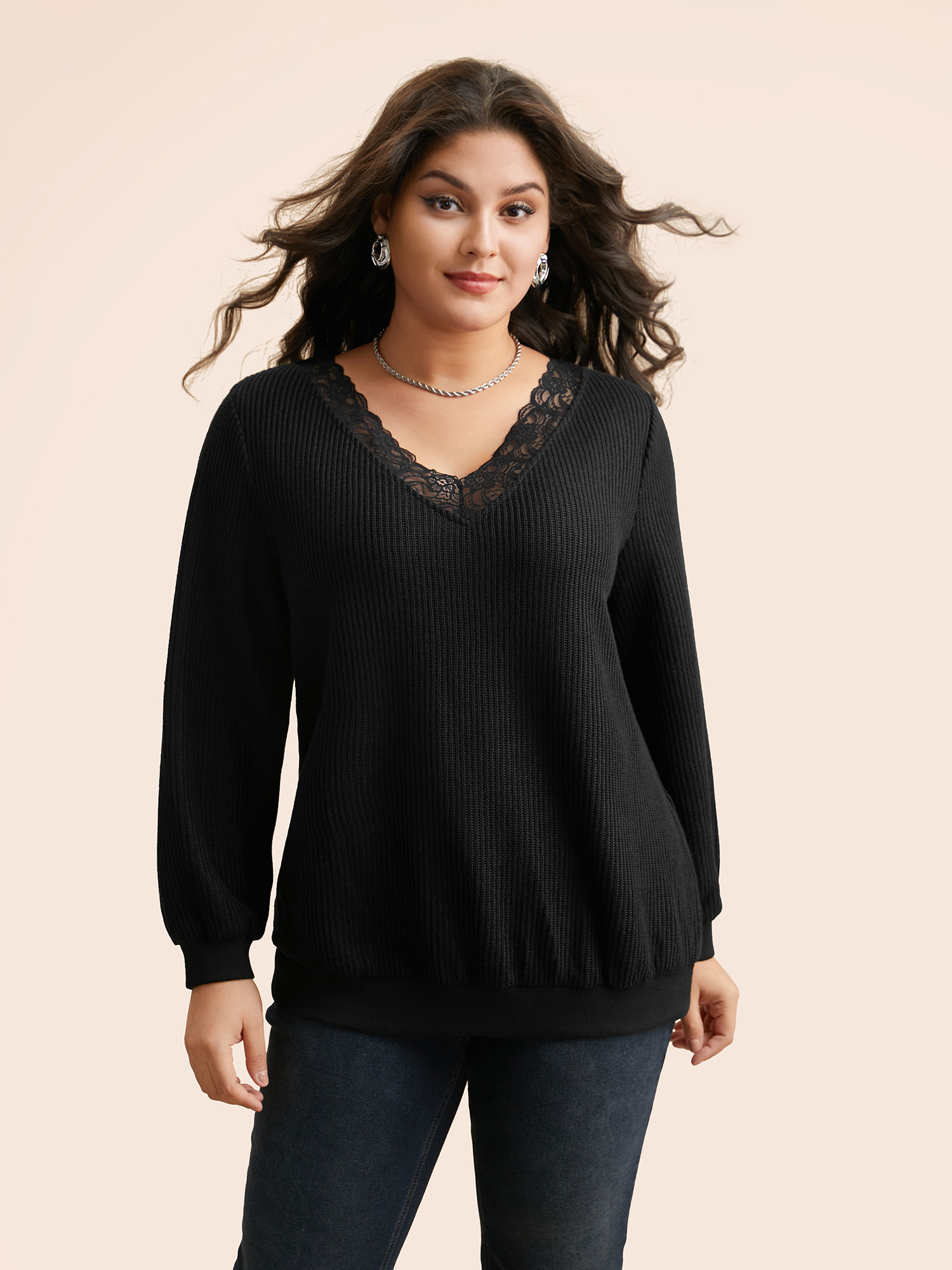 

Plus Size Textured V Neck Lace Patchwork Sweatshirt Women Black Elegant Texture Loose V-neck Everyday Sweatshirts BloomChic