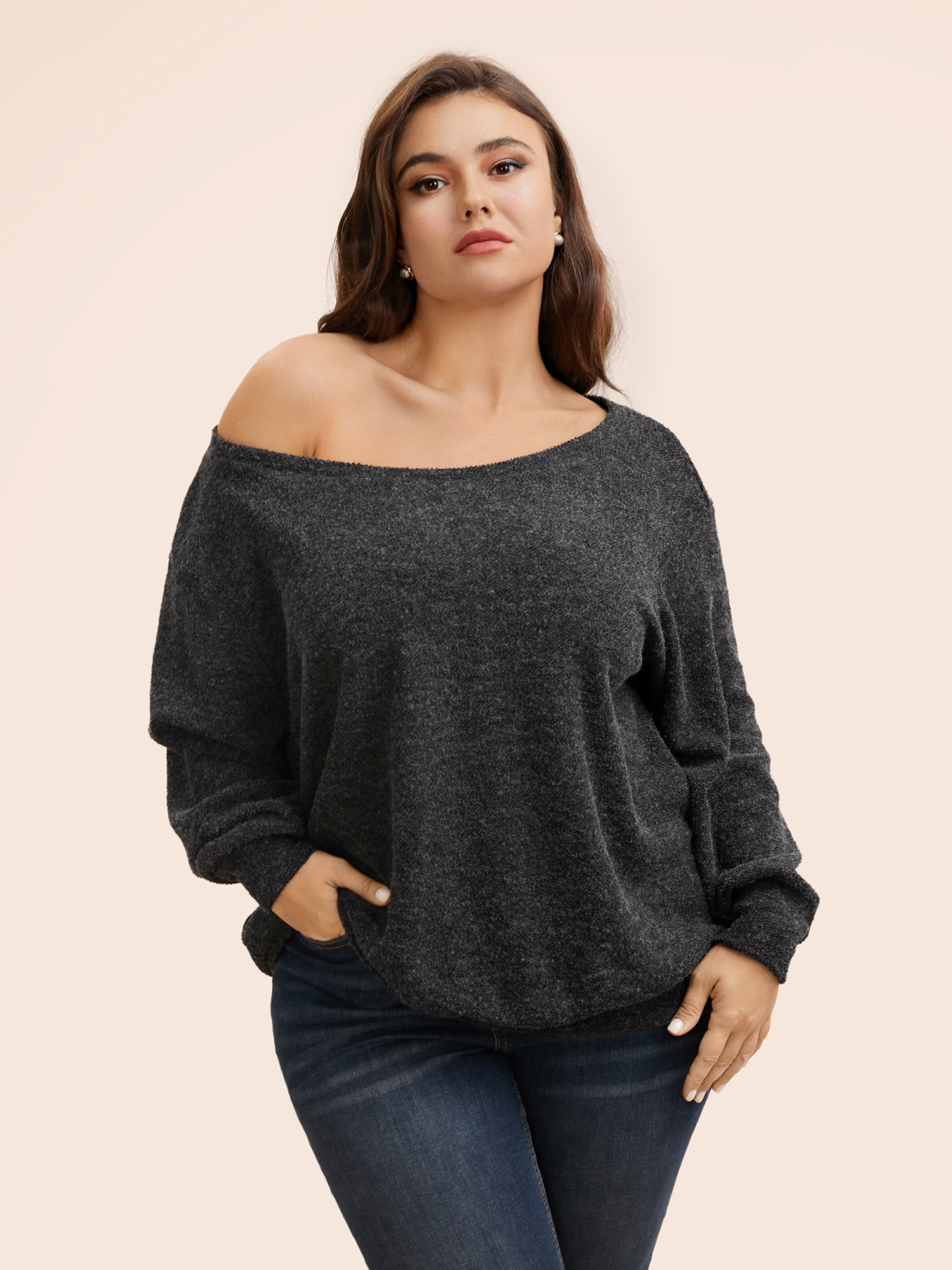 

Plus Size Textured Off Shoulder Drop Shoulder Sleeve Sweatshirt Women DimGray Casual Non One-shoulder neck Everyday Sweatshirts BloomChic