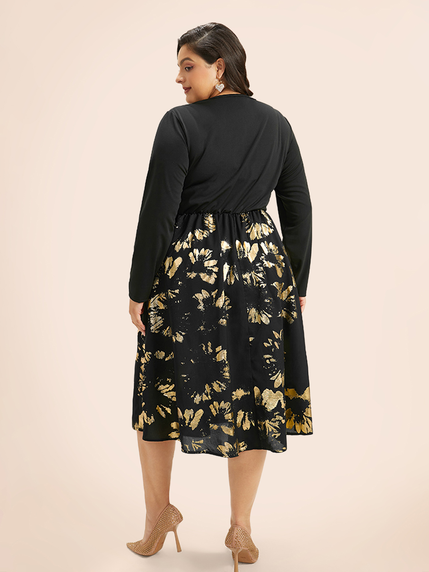 Plus Size Brush Glitter Pocket Patchwork Dress Black Women Party Printed V-neck Long Sleeve Curvy Midi Dress BloomChic 26/4X 