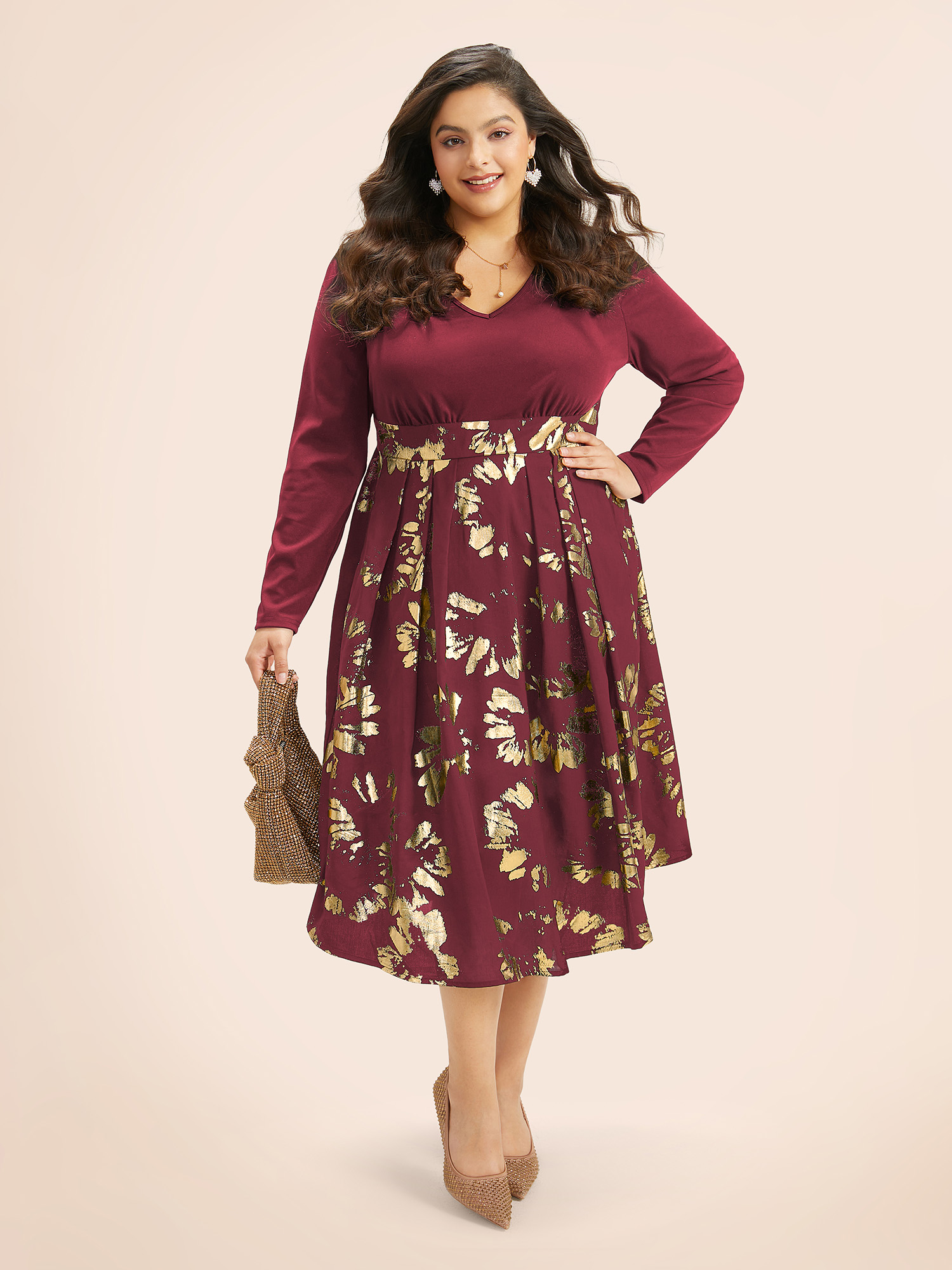 Plus Size Brush Glitter Pocket Patchwork Dress Burgundy Women Party Printed V-neck Long Sleeve Curvy Midi Dress BloomChic 28/5X 