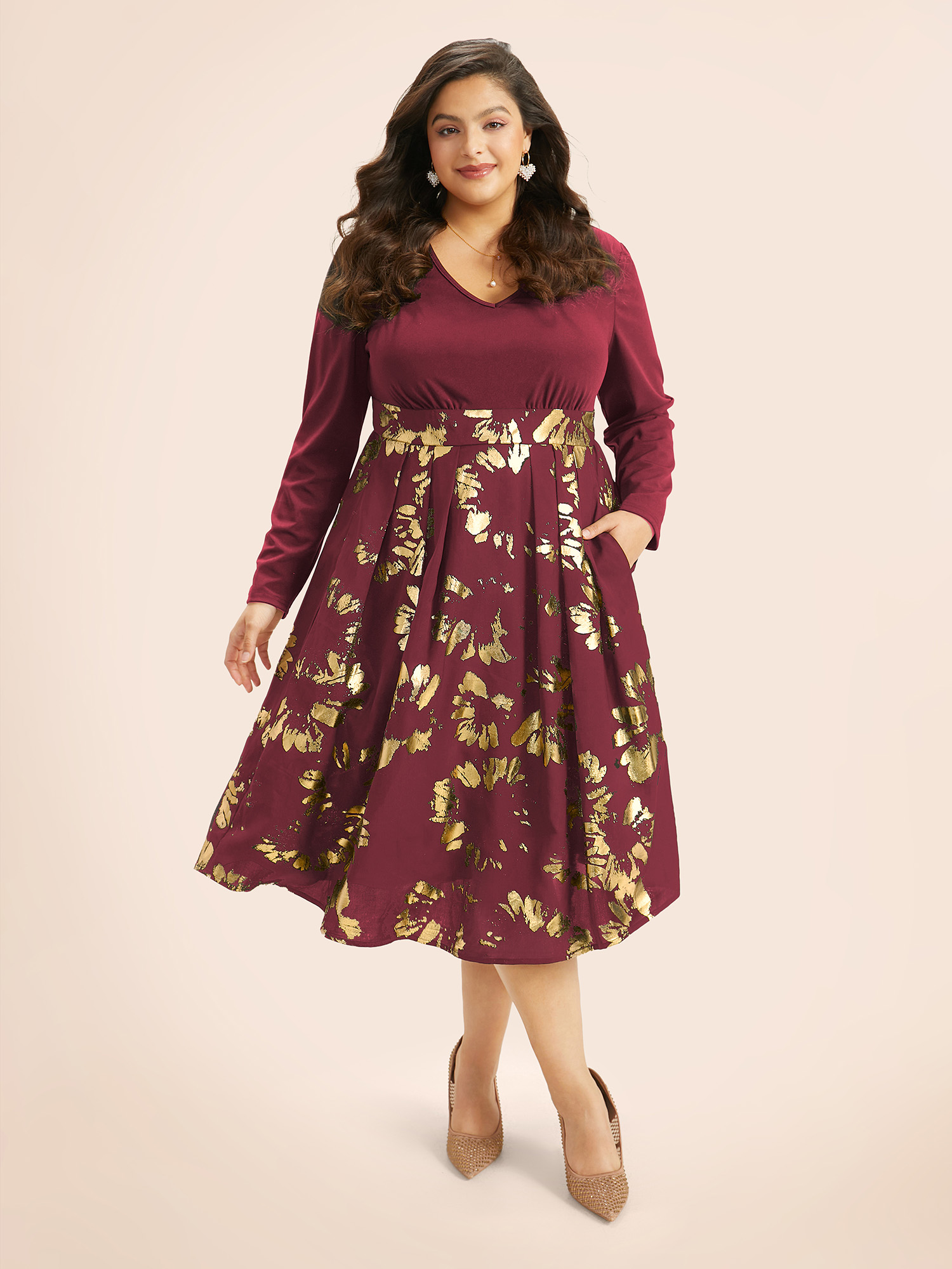 Plus Size Brush Glitter Pocket Patchwork Dress Burgundy Women Party Printed V-neck Long Sleeve Curvy Midi Dress BloomChic 28/5X 