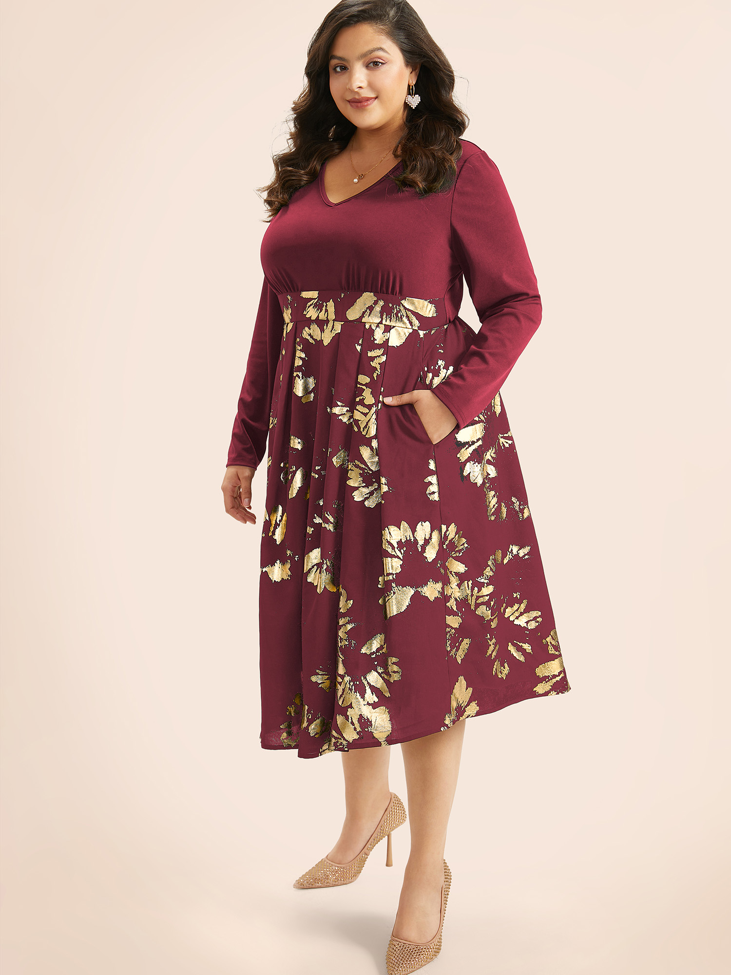 Plus Size Brush Glitter Pocket Patchwork Dress Burgundy Women Party Printed V-neck Long Sleeve Curvy Midi Dress BloomChic 28/5X 