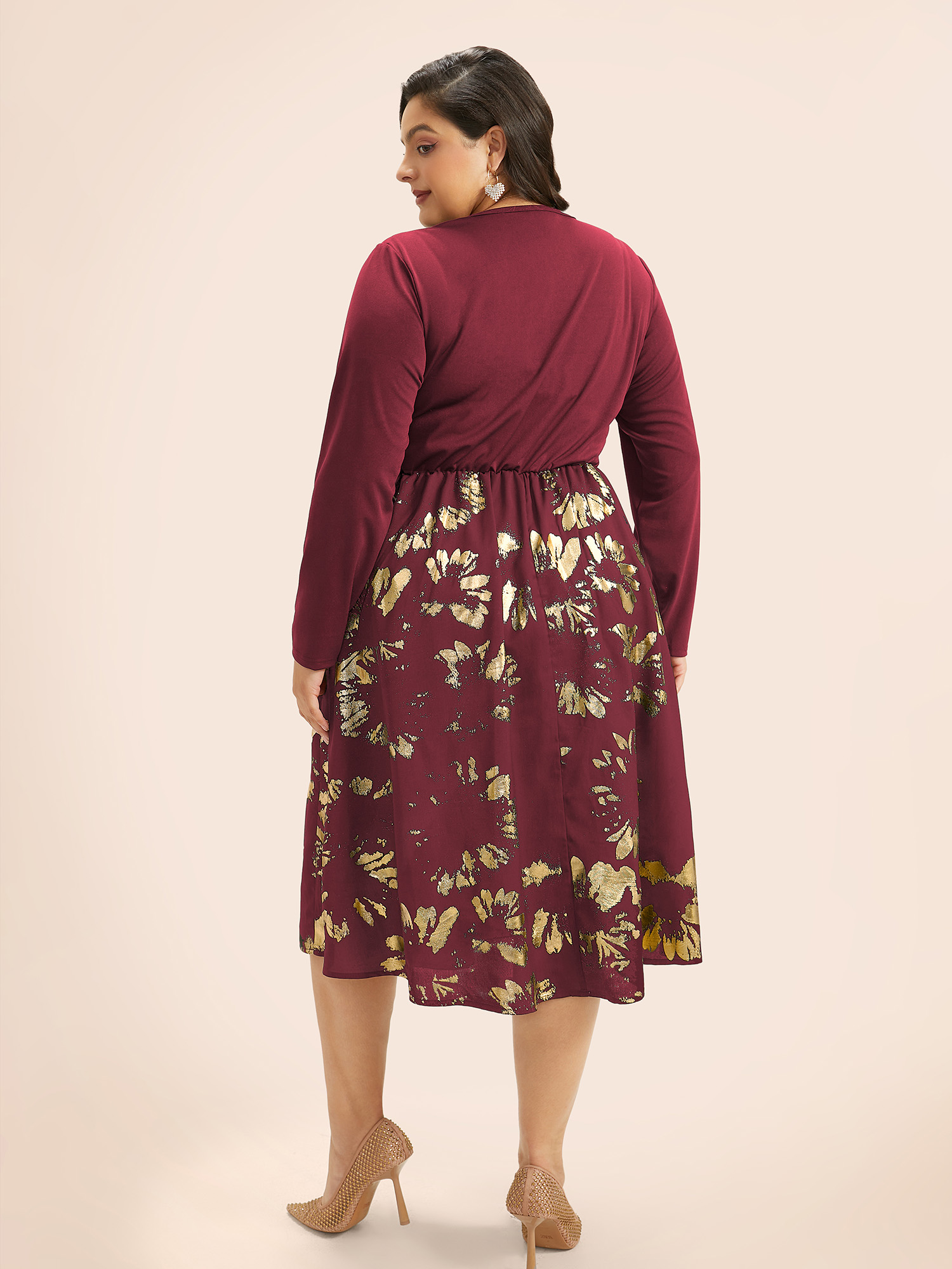 Plus Size Brush Glitter Pocket Patchwork Dress Burgundy Women Party Printed V-neck Long Sleeve Curvy Midi Dress BloomChic 28/5X 