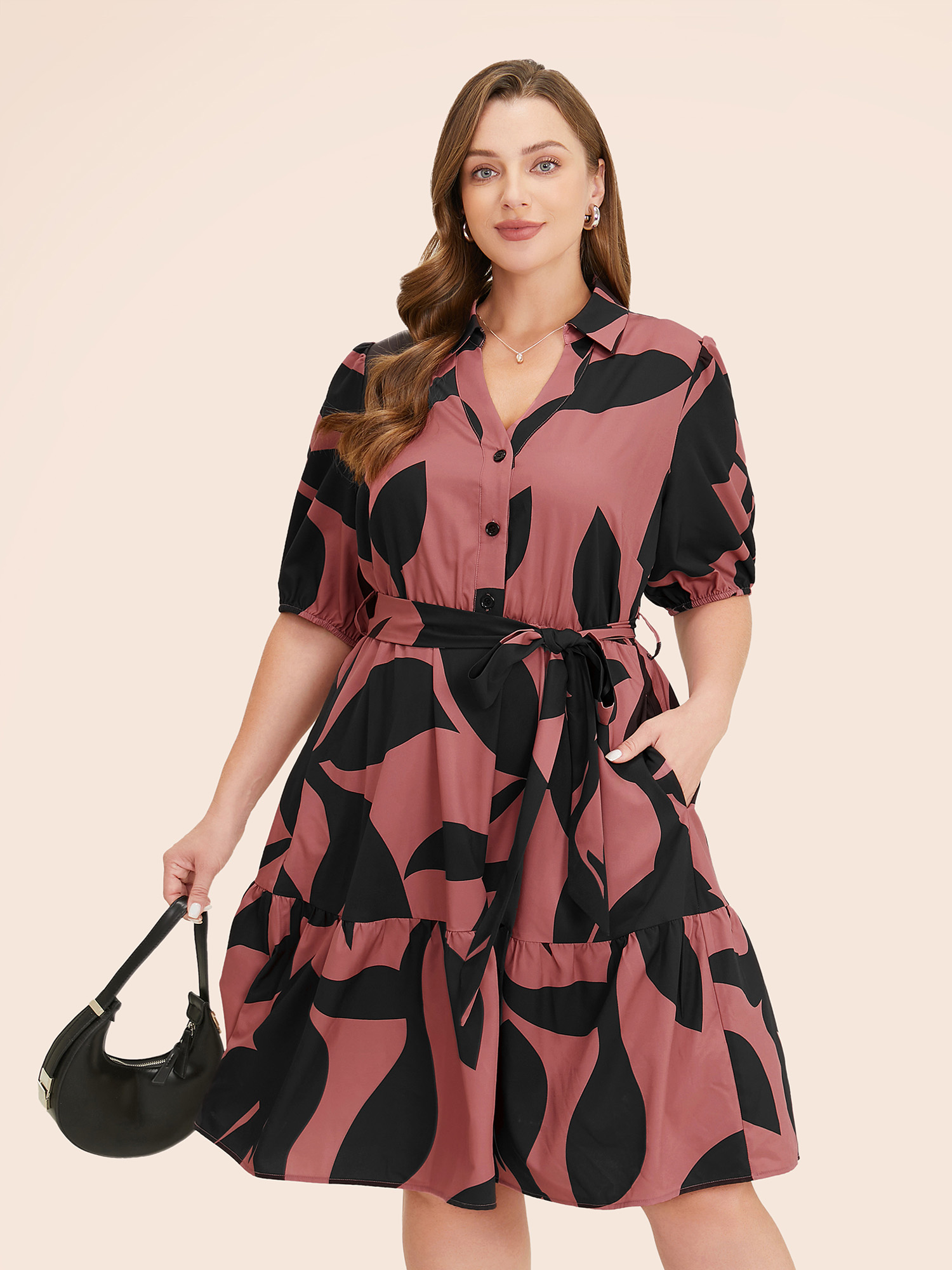 

Plus Size Plant Pocket Puff Sleeve Belt Ruffle Hem Button Up Dress Multicolor Women Office Belted Shirt collar Short sleeve Curvy Knee Dress BloomChic