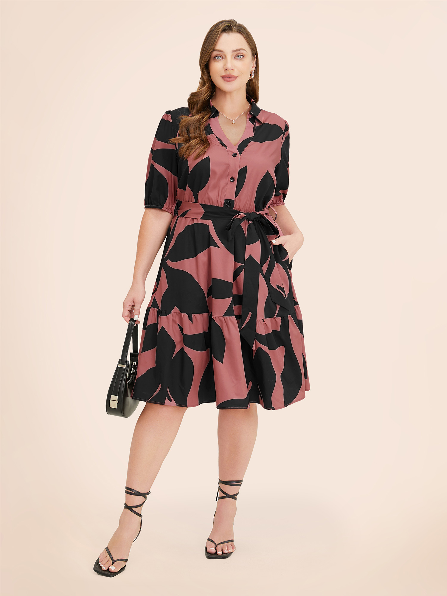 Plus Size Women Work Plants Belted Puff Sleeve Short sleeve Shirt collar Pocket Belt Office Dresses BloomChic 