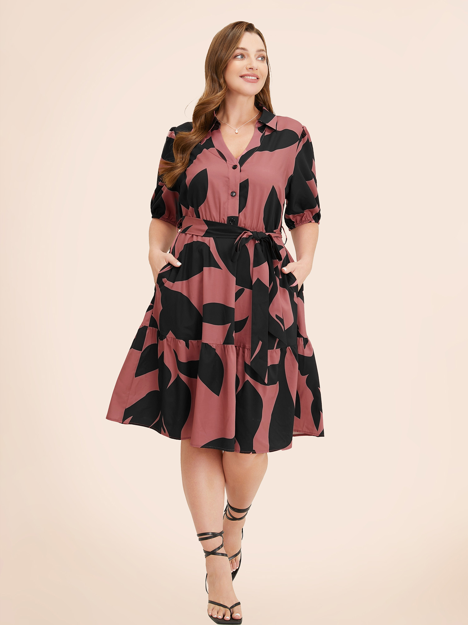 Plus Size Women Work Plants Belted Puff Sleeve Short sleeve Shirt collar Pocket Belt Office Dresses BloomChic 