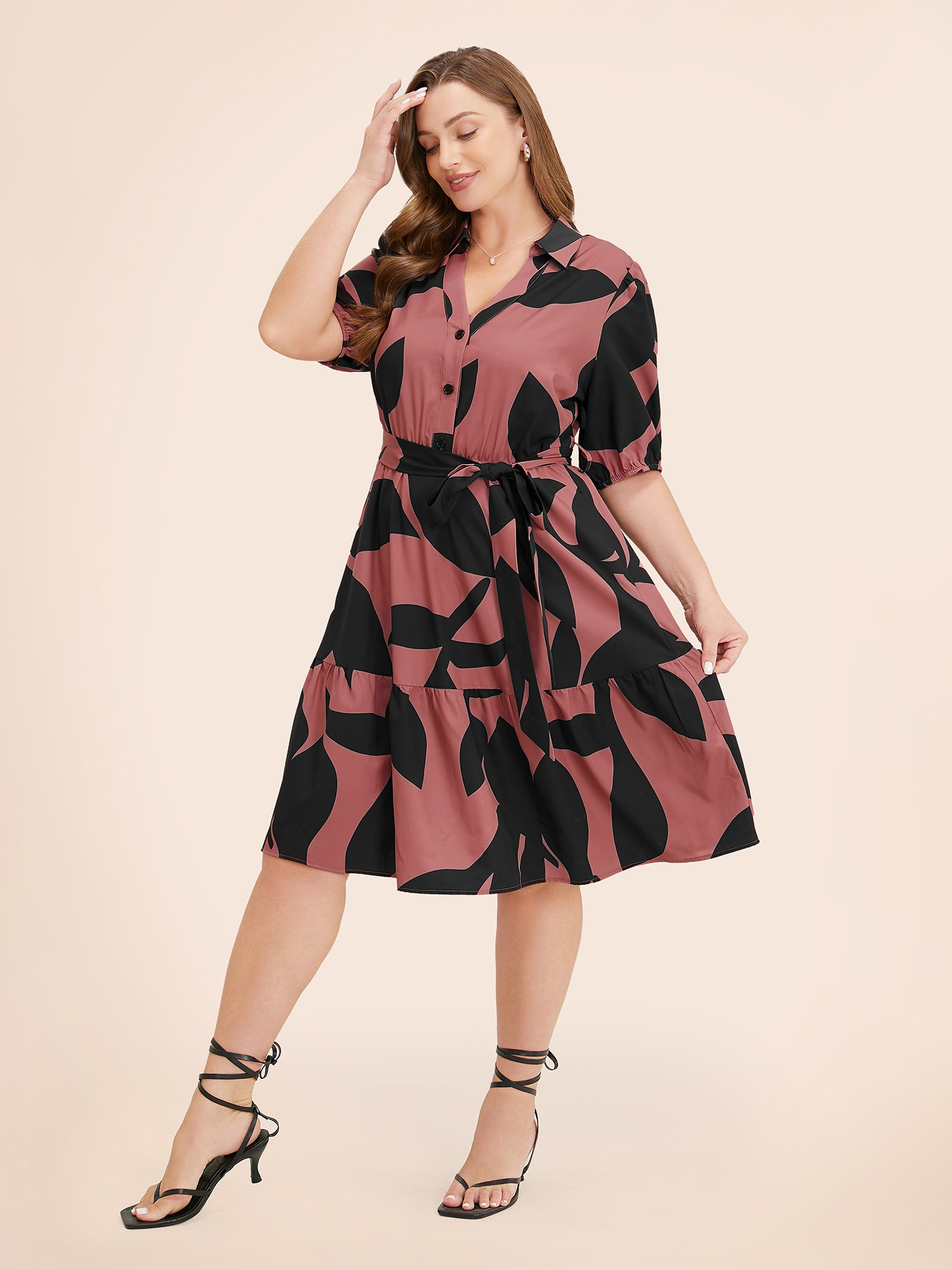 Plus Size Women Work Plants Belted Puff Sleeve Short sleeve Shirt collar Pocket Belt Office Dresses BloomChic 