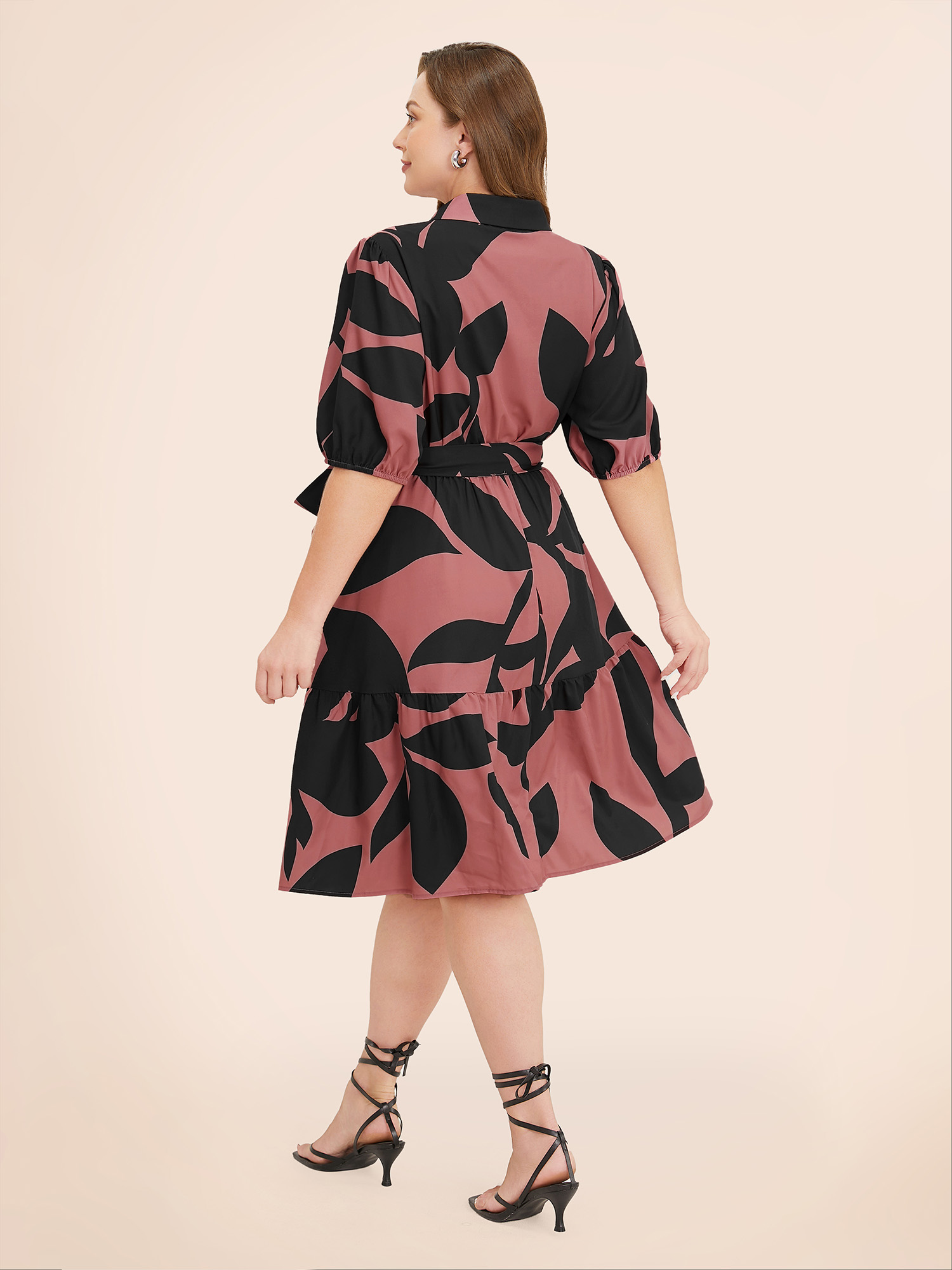 Plus Size Women Work Plants Belted Puff Sleeve Short sleeve Shirt collar Pocket Belt Office Dresses BloomChic 