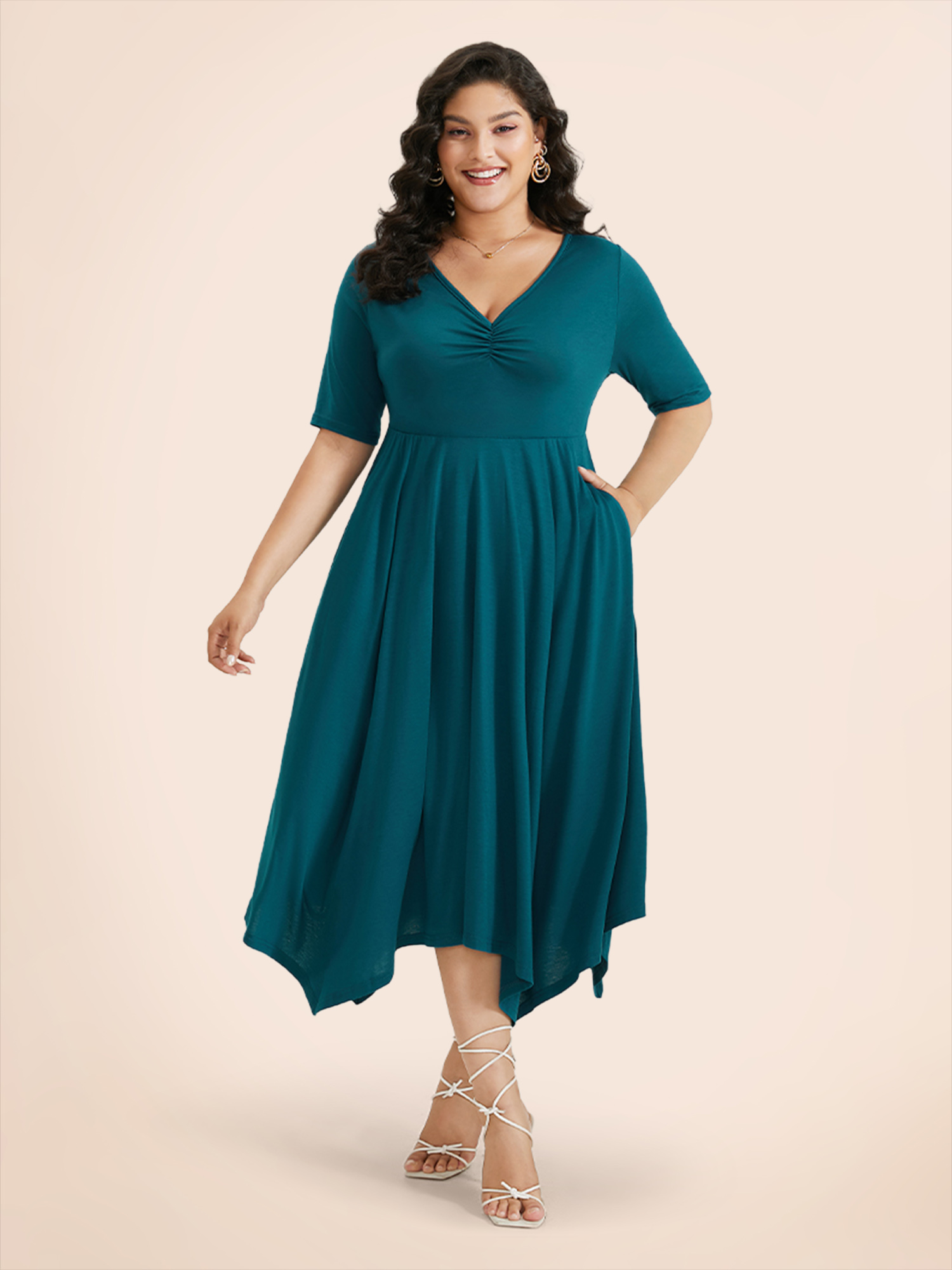 Plus Size Solid Ruched Pocket Asymmetrical Hem Dress Cerulean Women Elegant Gathered V-neck Short sleeve Curvy Midi Dress BloomChic 26/4X 