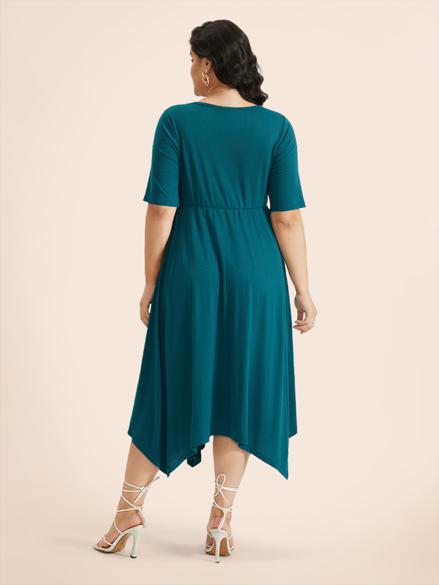 Plus Size Solid Ruched Pocket Asymmetrical Hem Dress Cerulean Women Elegant Gathered V-neck Short sleeve Curvy Midi Dress BloomChic 26/4X 