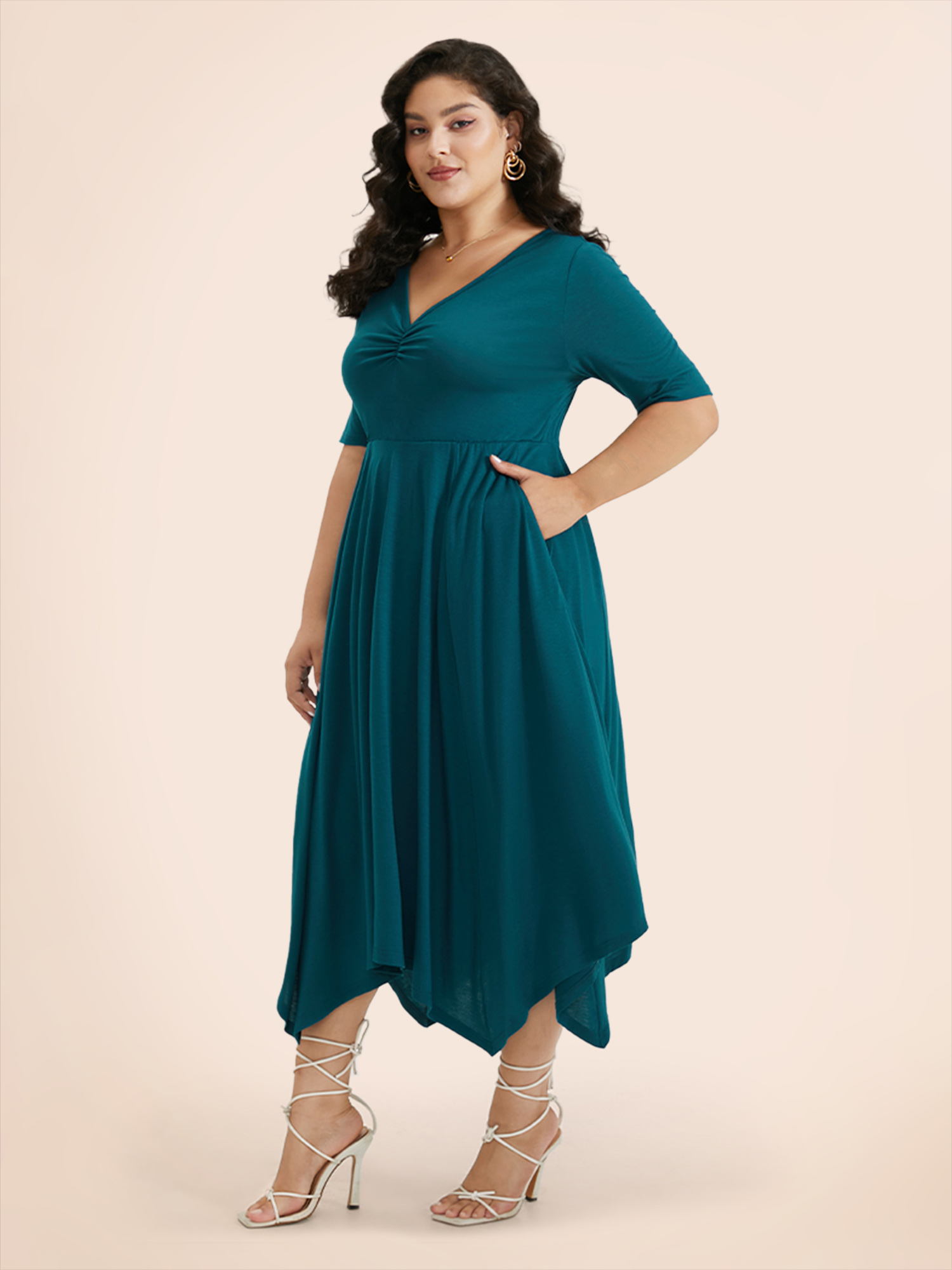 Plus Size Solid Ruched Pocket Asymmetrical Hem Dress Cerulean Women Elegant Gathered V-neck Short sleeve Curvy Midi Dress BloomChic 26/4X 