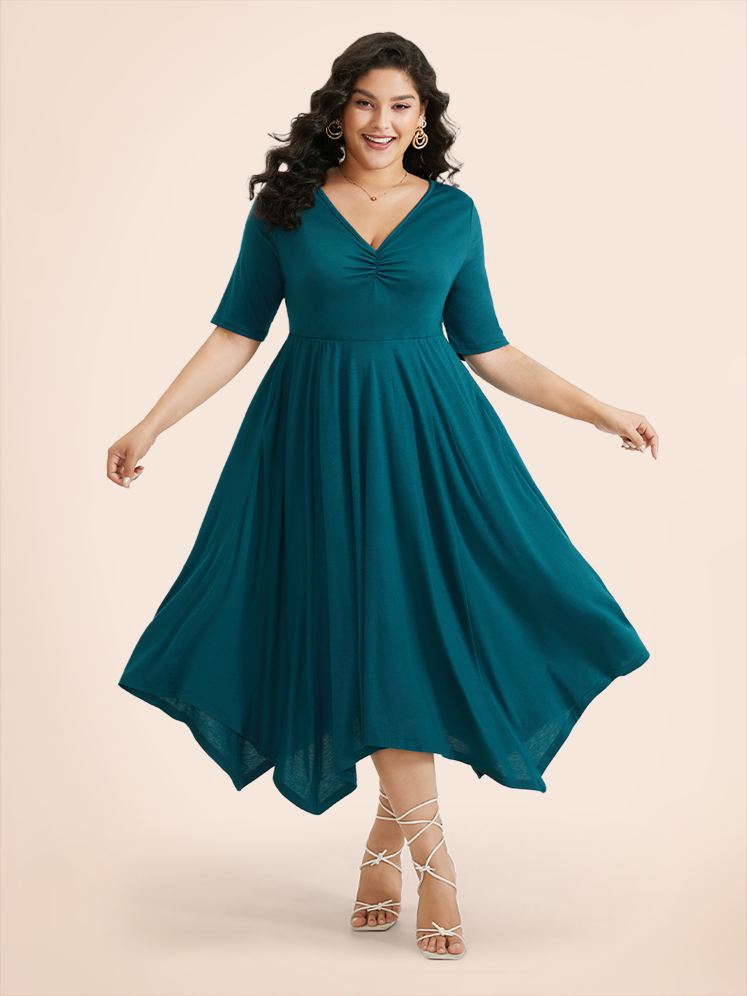 Plus Size Solid Ruched Pocket Asymmetrical Hem Dress Cerulean Women Elegant Gathered V-neck Short sleeve Curvy Midi Dress BloomChic 26/4X 