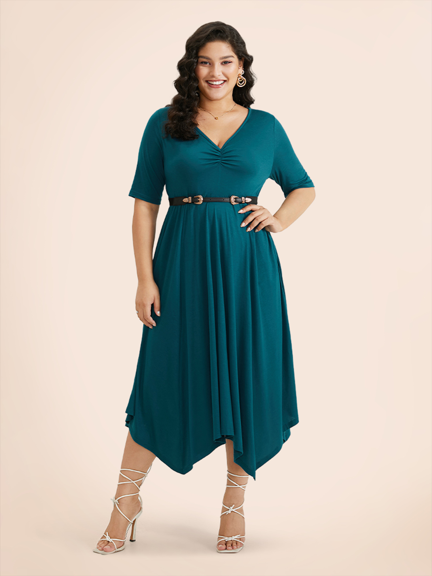 Plus Size Solid Ruched Pocket Asymmetrical Hem Dress Cerulean Women Elegant Gathered V-neck Short sleeve Curvy Midi Dress BloomChic 26/4X 