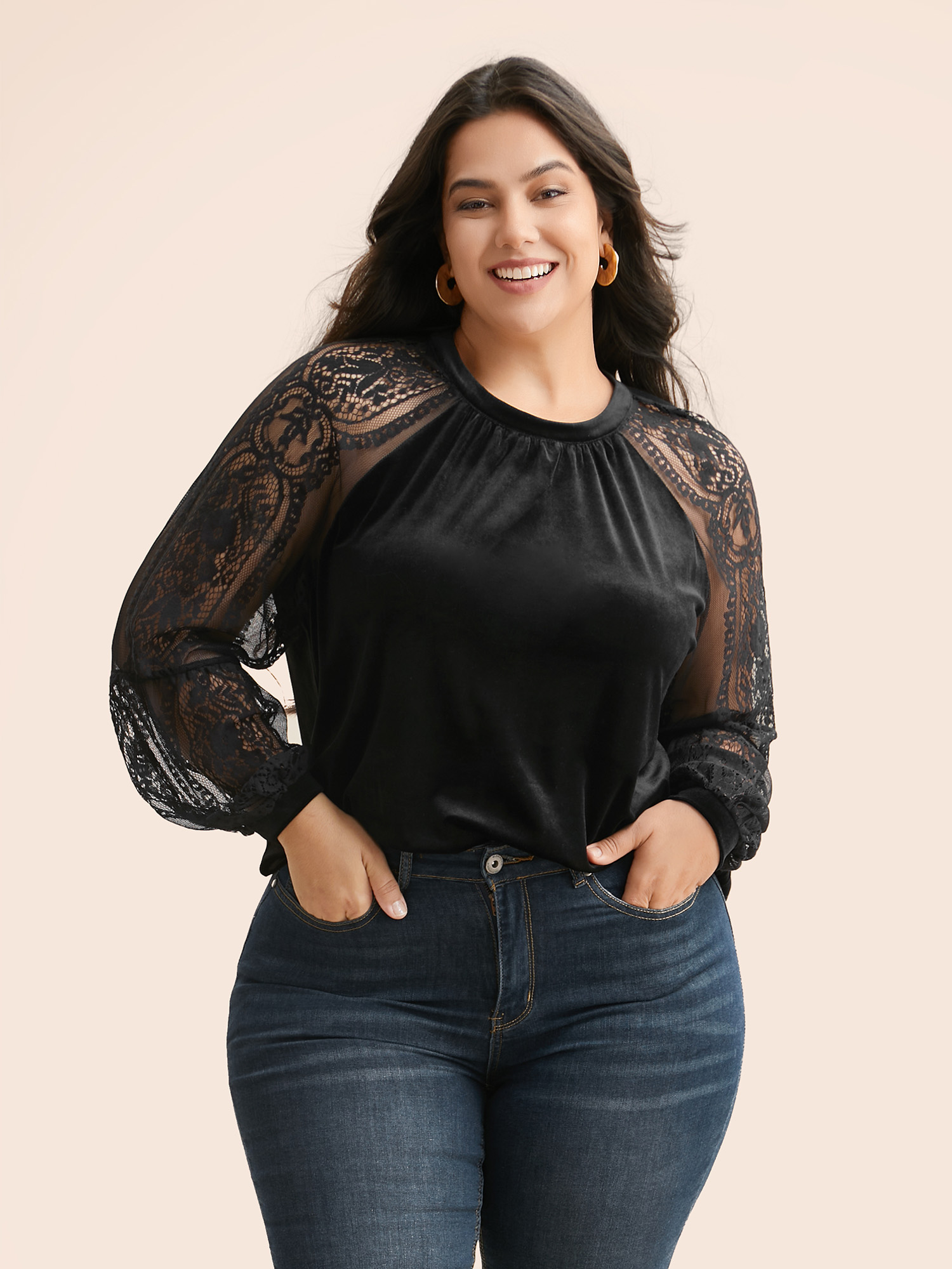 

Plus Size Black Lace Patchwork Velvet Raglan Sleeve Blouse Women Elegant Long Sleeve Stand-up collar Everyday Blouses BloomChic