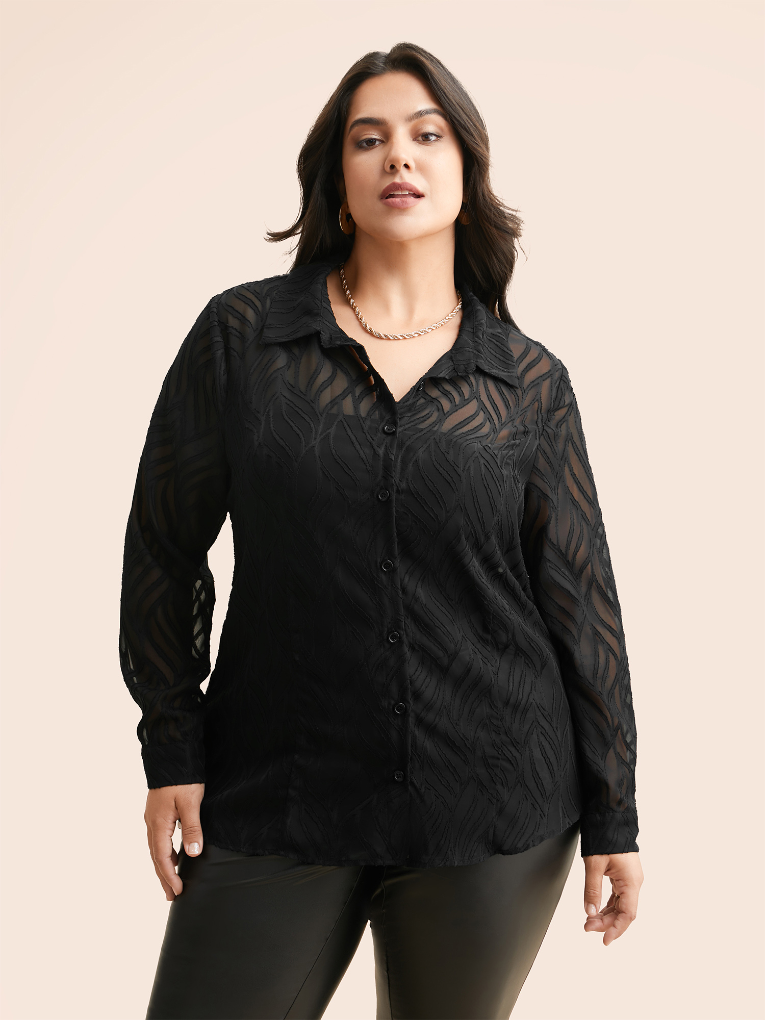 

Plus Size Black Textured Chiffon Shirt Collar Mesh Blouse Women Elegant Long Sleeve Shirt collar Everyday Blouses BloomChic