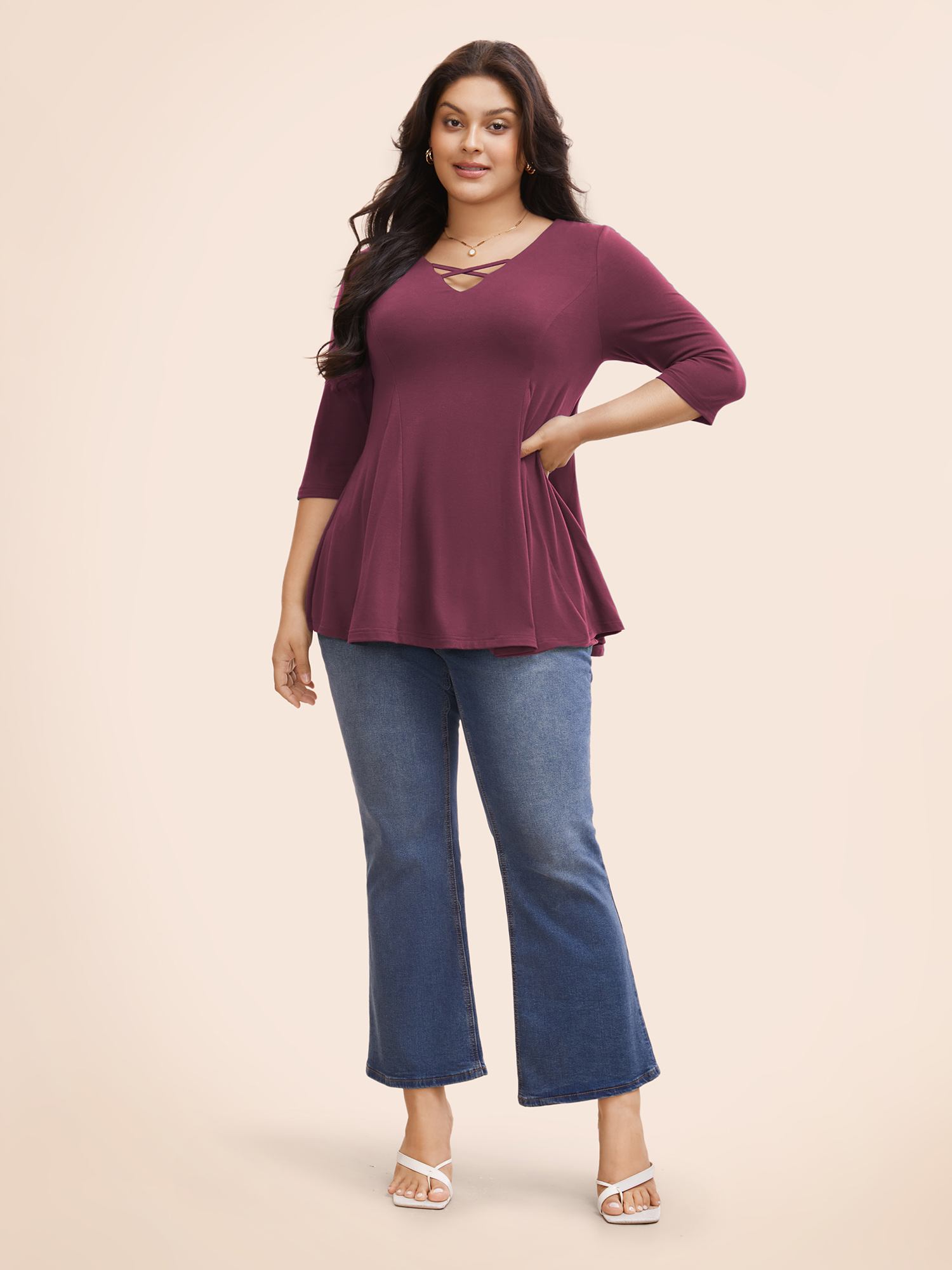 

Plus Size Supersoft Essentials Cross Straps Pleated T-shirt Burgundy V-neck Elbow-length sleeve Elegant Jersey Tops