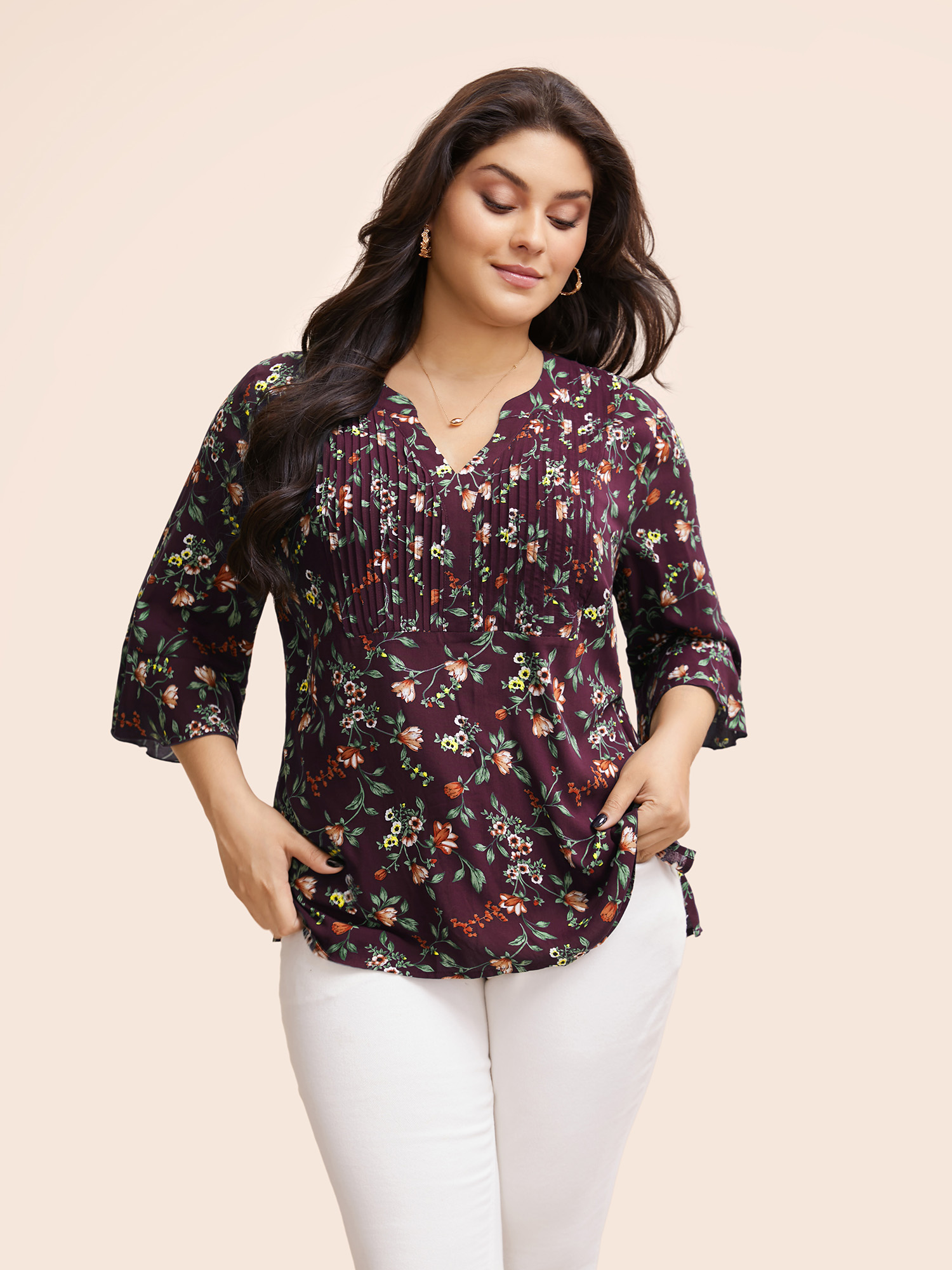 

Plus Size Plum Ditsy Floral Pleated Flutter Sleeve Blouse Women Elegant Elbow-length sleeve Flat collar with V-notch Everyday Blouses BloomChic