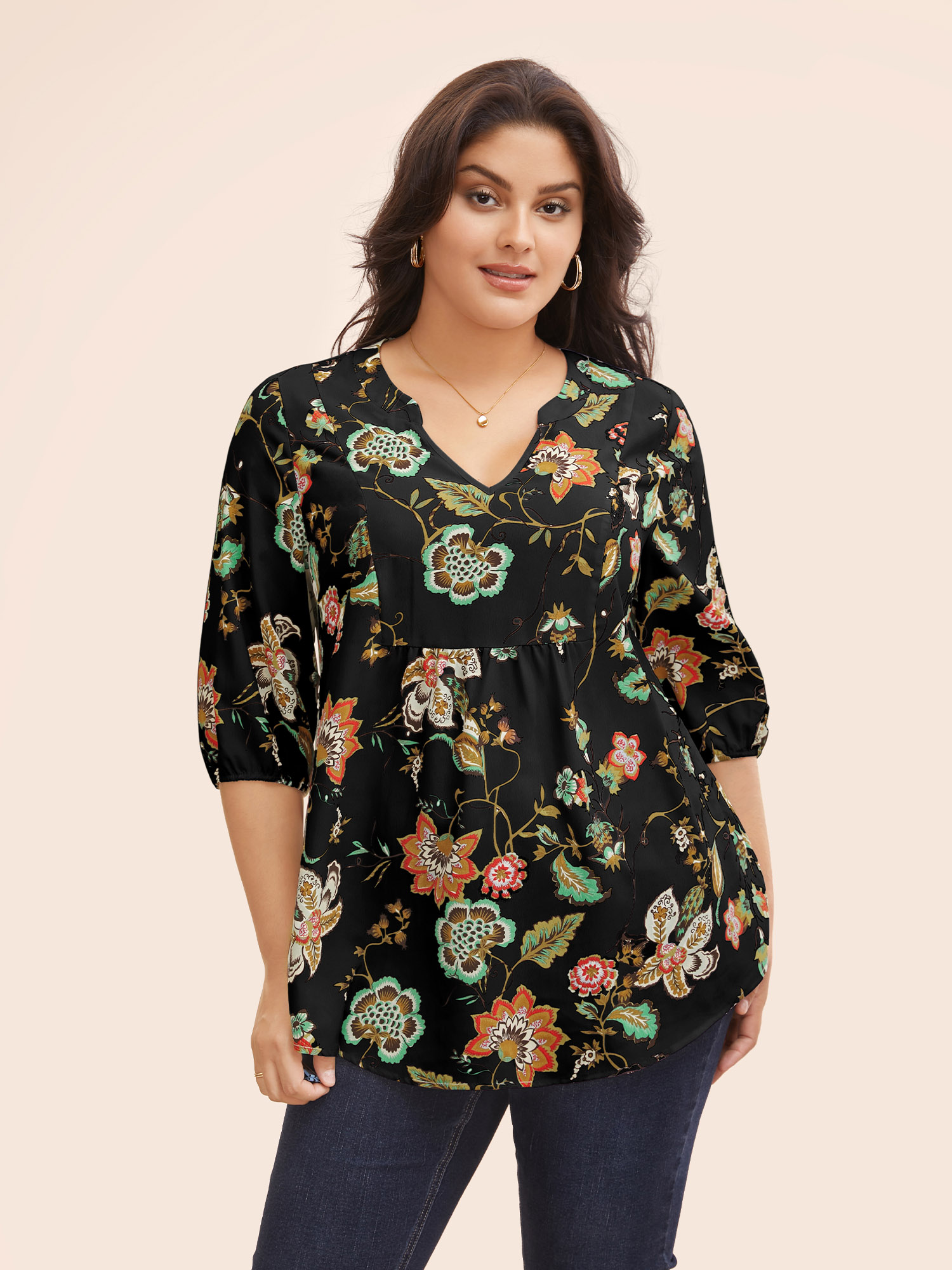 

Plus Size Black Bandana Floral Pocket Lantern Sleeve Blouse Women Elegant Elbow-length sleeve V-neck Everyday Blouses BloomChic