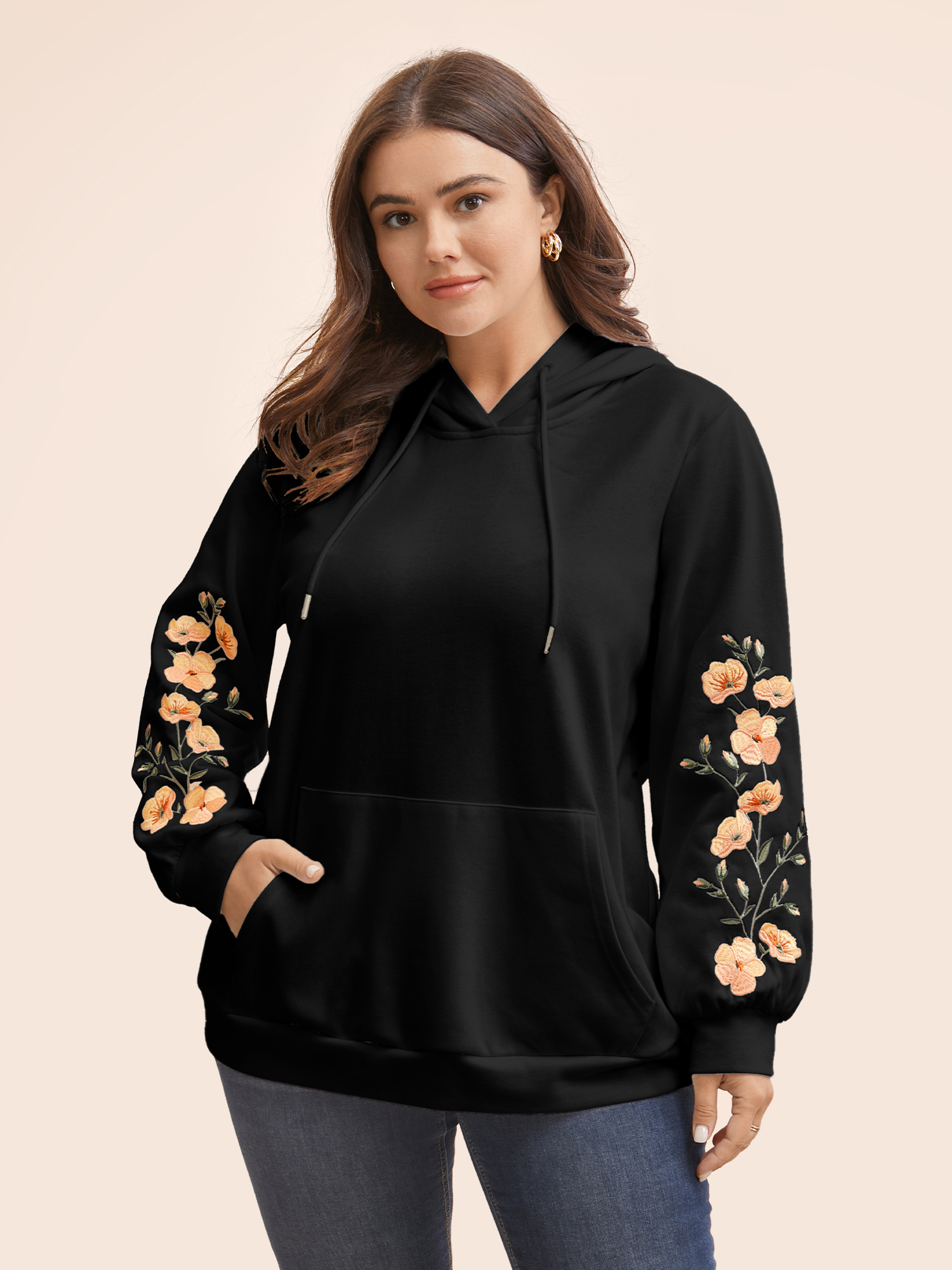 

Plus Size Floral Embroidered Hooded Drawstring Sweatshirt Women Black Elegant Embroidered Hooded Everyday Sweatshirts BloomChic