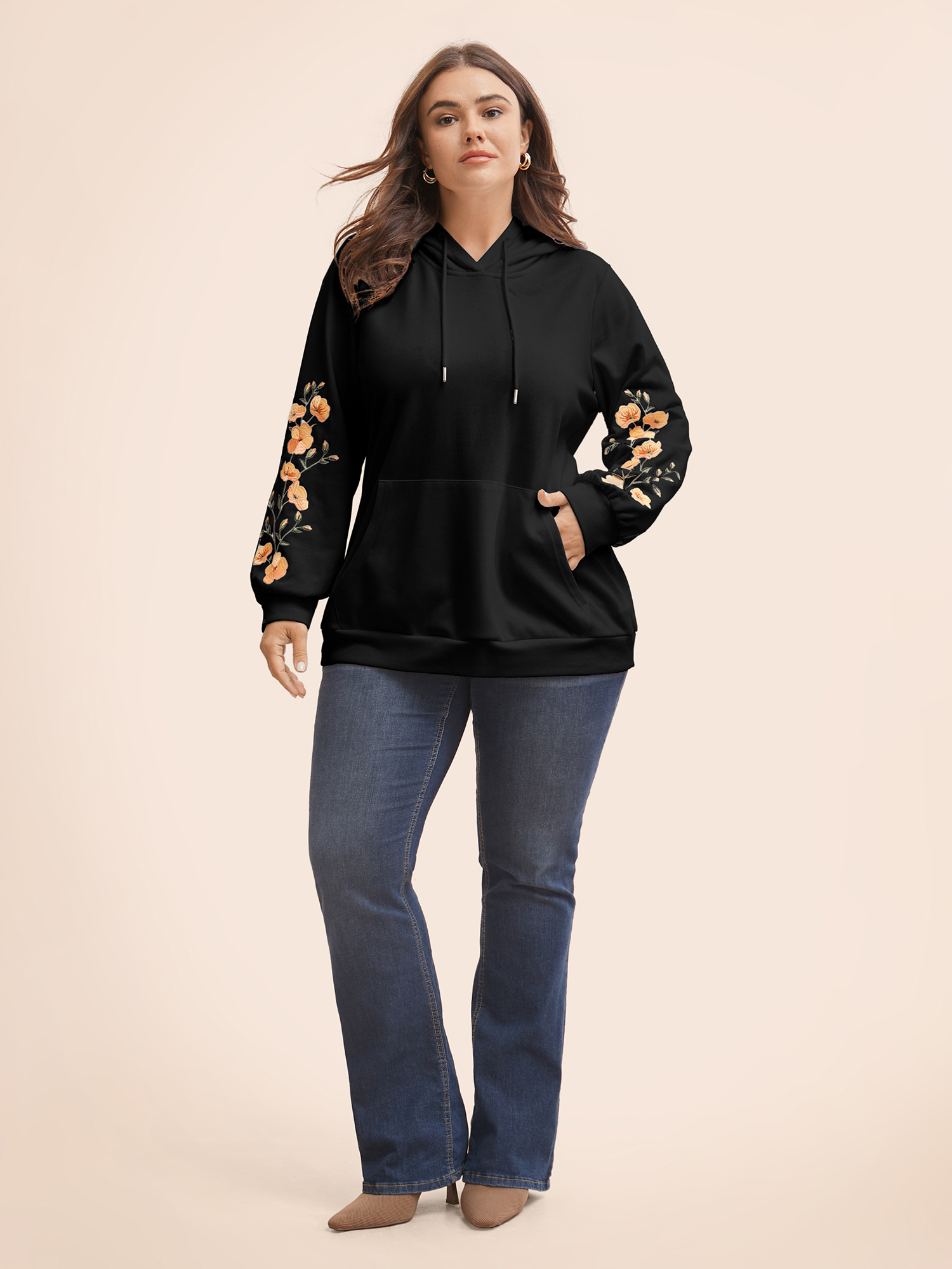 Plus Size Floral Embroidered Hooded Drawstring Sweatshirt Women Black Elegant Embroidered Hooded Everyday Sweatshirts BloomChic 28/5X 
