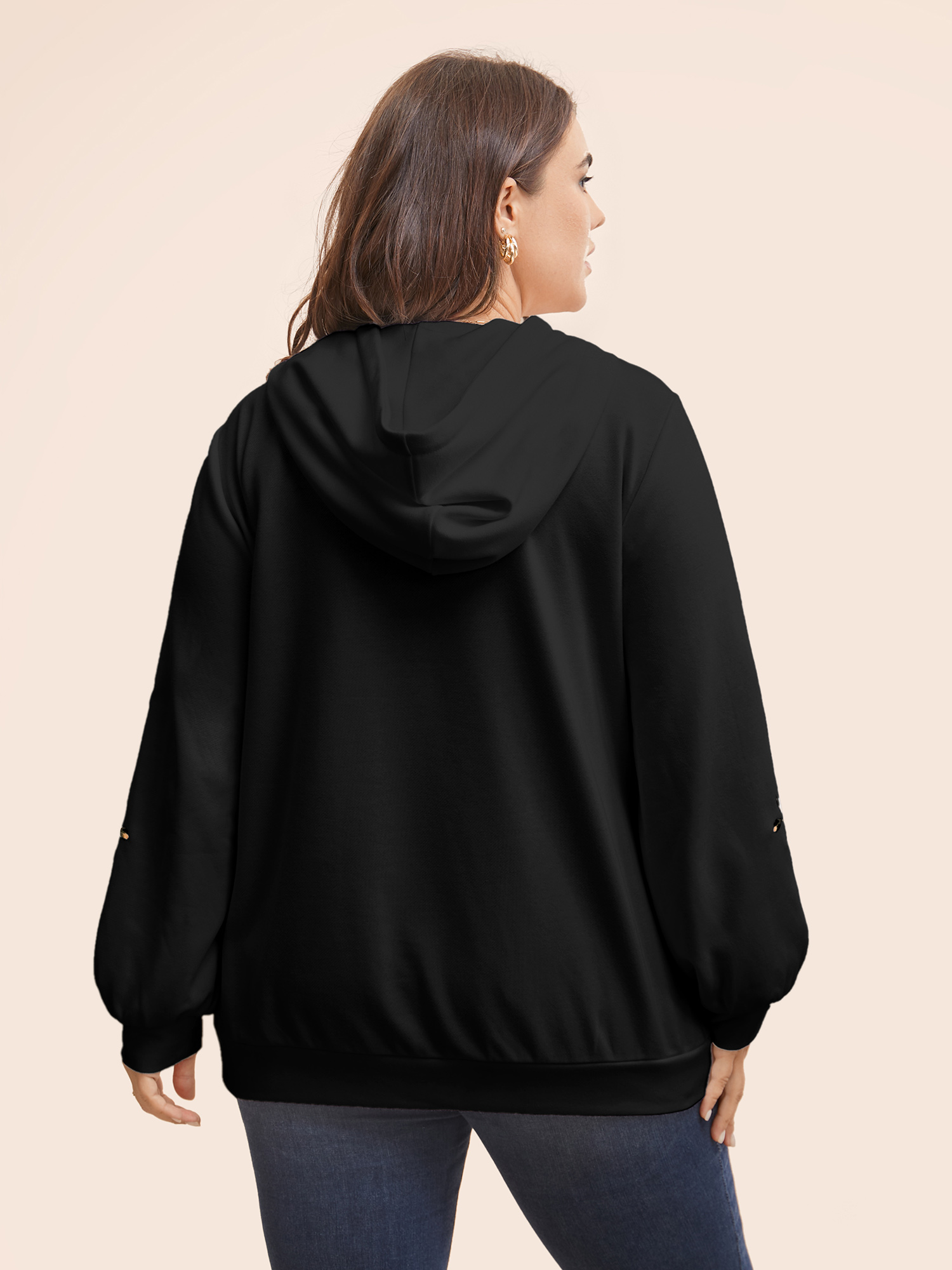 Plus Size Floral Embroidered Hooded Drawstring Sweatshirt Women Black Elegant Embroidered Hooded Everyday Sweatshirts BloomChic 28/5X 